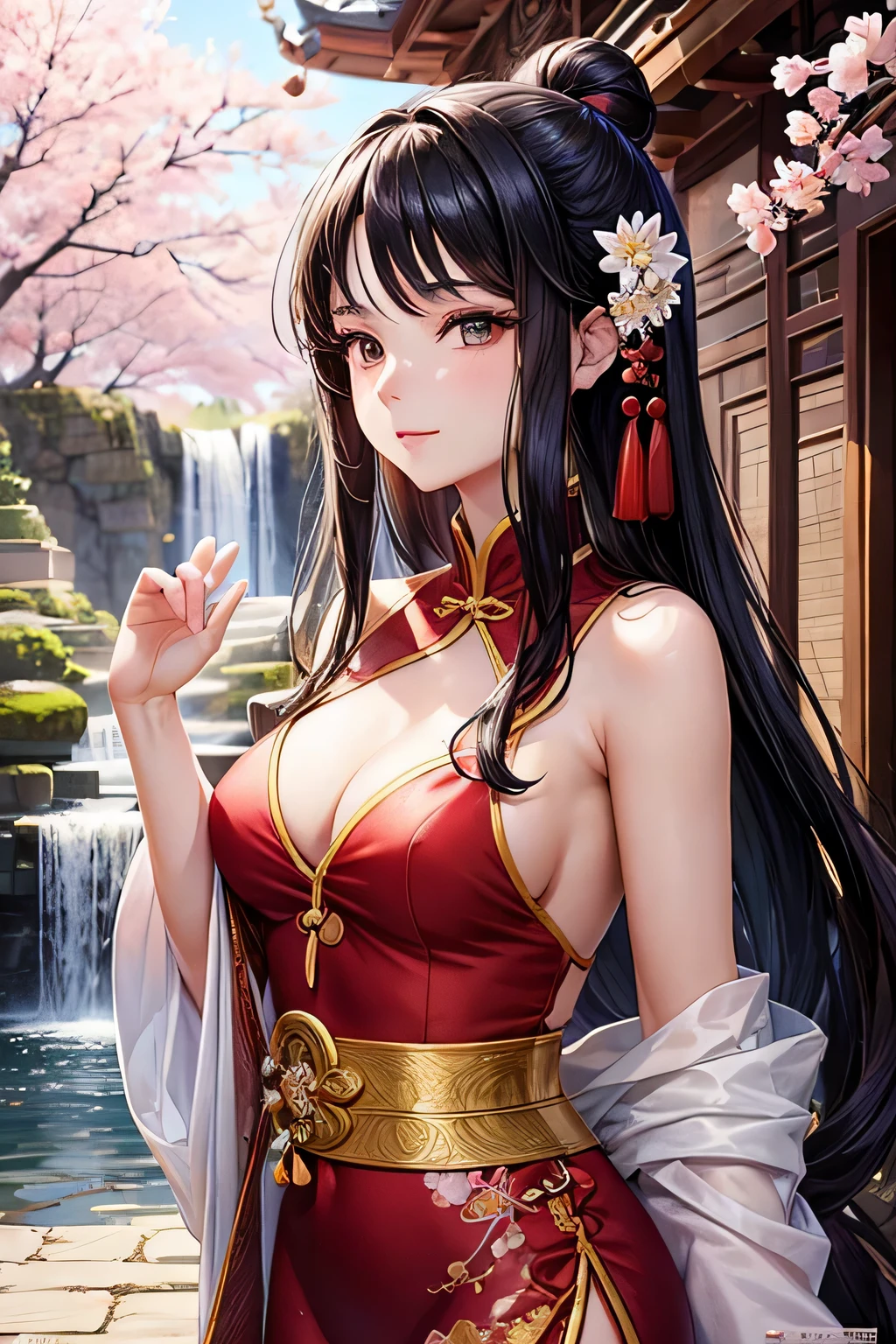 Close-up A beautiful woman wear Chinese custom, she is in perfect beautiful pose. She is in A secluded courtyard within an ancient temple, with blooming cherry blossoms and the soothing sound of a nearby waterfall, Semi-Real art for Novel, Manhua style, Manhwa style, anime style.