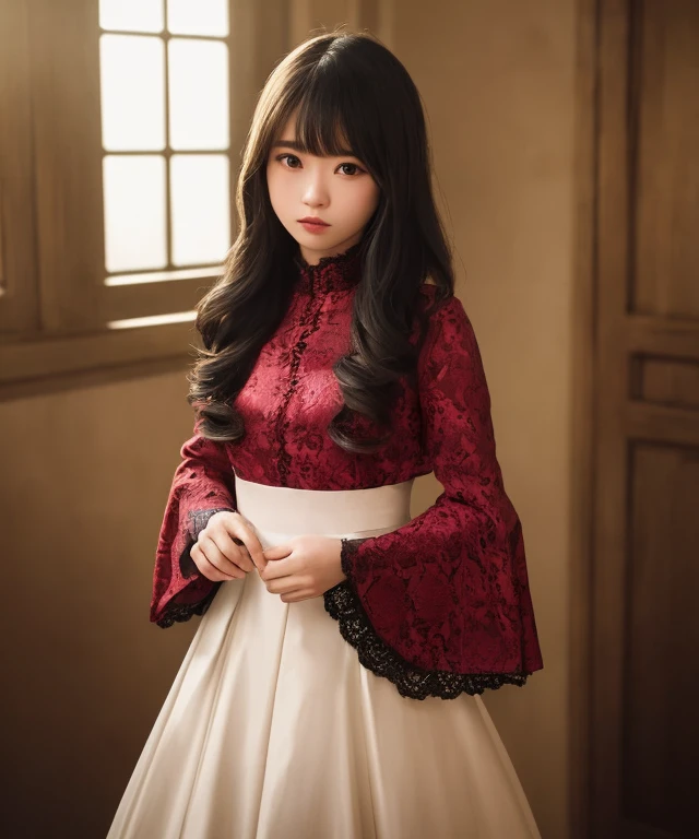a photo of (saukztf:1.5), looking at viewer, dramatic lighting, looking at viewer, ((masterpiece)), (((bestquality))), ((ultra-detailed)), ((illustration)), ((disheveledhair)), ((lace)), (saukztf), , (solo), dynamicangle, bigtopsleeves, expressionless, cute outfit, sexy outfit, long hair