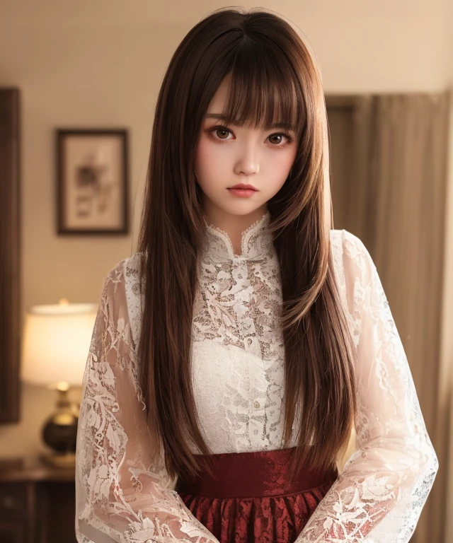a photo of (saukztf:1.5), looking at viewer, dramatic lighting, looking at viewer, ((masterpiece)), (((bestquality))), ((ultra-detailed)), ((illustration)), ((disheveledhair)), ((lace)), (saukztf), , (solo), dynamicangle, bigtopsleeves, expressionless, cute outfit, sexy outfit, long hair