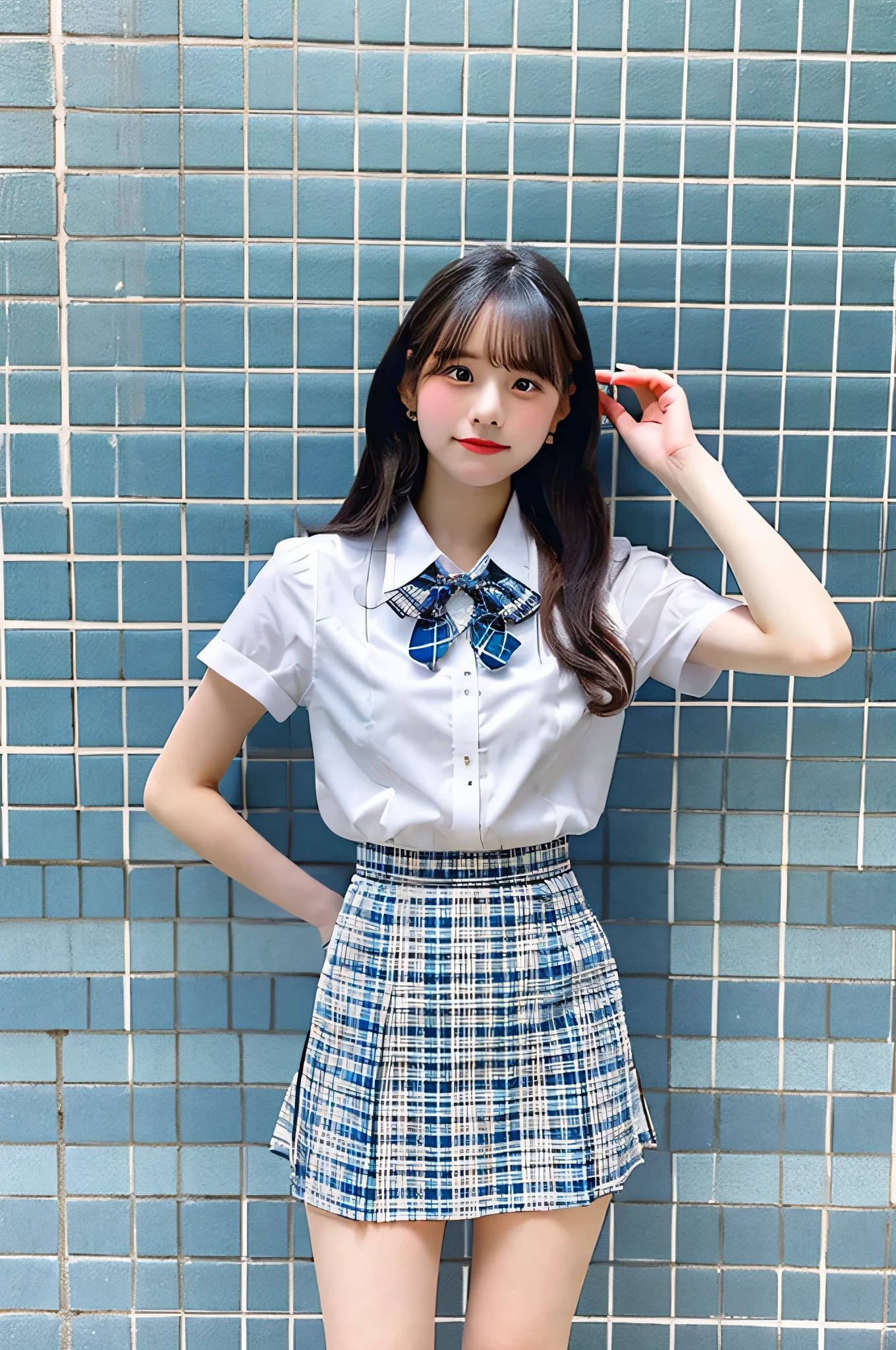 An 18-year-old high school girl wearing a very short skirt with a light blue plaid pattern and a white dress shirt..