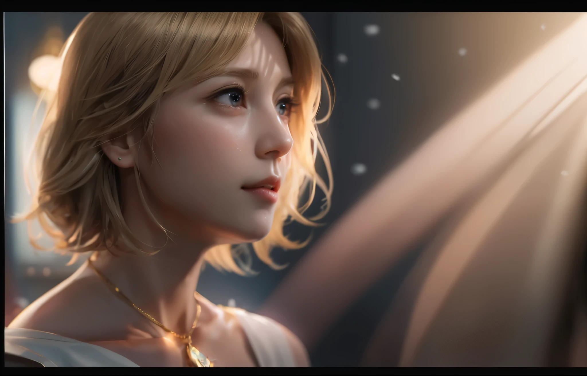 (table top), sexy、Natural light, realistic diffused glow, Depth of written boundary, professional lighting、Spotlight on people、Big eyes、eyes are blue、blonde、Russian、in the snow、Stand glass in the background、serious face、