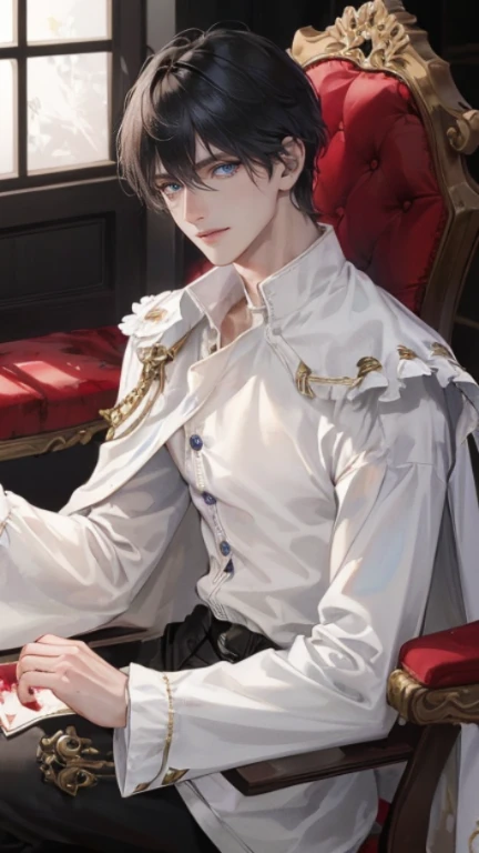 male, 吸Blood鬼, male性的な, male性的な face, Charm, muscular, ((1male)), masterpiece, disorganized, highest quality ,intricate details , pale skintOne, victorian era background (detailed background), sunset, Charm, ((muscular)), adult, One, earrings, fantasy clothes (long sleeve), cloak, not looking at viewer, Short black quiff hair with soft fringe (Side 3 bangs:7 Ratio), perfect detailed face, perfect detailed hands, 吸Blood鬼 fangs, blue eyes, medium large shoot, cinematic lighting, detailed light, detailed shadow, dutch angle, cowboy shot, close up shot, sitting in a chair, ((Blood))