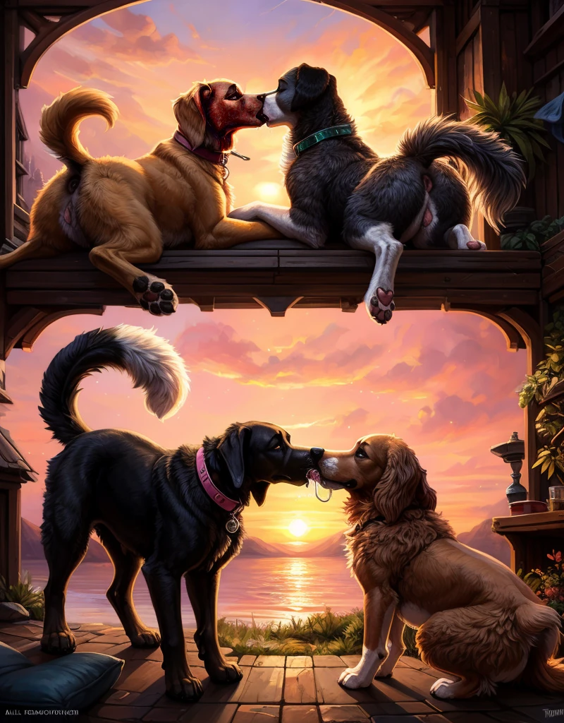 🐕🦺x🐕x🐩x🐶, (absurd res), ((ultra high resolution)), (((masterpiece quality))), ((isometric view)), ((breathtaking painstakingly detailed background)), ((impressive lighting)), ((sunset cloudloating hearts)), ((sparkles)), confetti, sunlight, ⫷|⫸ foxovh, sligarthetiger, cumbread, gammainks, seibear, lollipopcon, dizzyknight, greasymojo, xpray, roly, honovy, taran fiddler, kenket, riendonut, Bayard Wu, Thomas Benjamin Kennington, Duase, ⫷|⫸ pink collar, flamboyant dog leash, girly accessories, ⫷|⫸ (fuzzy furry body:1.6), ((fur pattern)), ((exotic mammal)), (wagging raised tail), ⫷|⫸ (FERAL:1.5), canid, canine, feral, mammal, (sighthound), (domestic dog), (pastoral dog), (setter), (spaniel), (terrier), (mastiff), (dachshund), (scent hound), (saluki), (golden retriever), ((2 dogs)), ((a deep juicy kiss)), (((kissing))), embrace, female/female, kiss on lips, saliva, drooling, slobber, vomiting, saliva string, raised tail, butt shot, anus, side view, standing, (feminine body formation), (2 female mommy dogs:1.4), (correct anatomy:1.6), (correct feral anatomy;1.6), ((multi nipple)), (big fluffy butt), facing each other, side view, body against body, (((lesbian ferals kissing))), ((large attractive butt)), on all fours, (black anus), breastfeeding, (sexy eyelashes), medium dog,