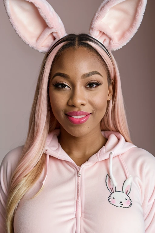 ((best quality)), ((masterpiece)), (detailed), perfect face, black woman with long pink and blonde hair down on her shoulders, curvy and fit physique, pink lipstick, wearing a pink onesie and bunny ears, making a silly face