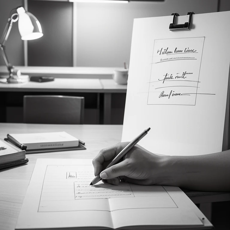 A person writing down questions,pen and paper,detailed hand with pencil,Famous artist's detailed drawing,high-resolution,masterpiece,clear handwriting,concentrated expression,focused on writing,artistic touch,crisp and sharp lines and shading,clean and organized desk,homely and warm atmosphere,soft lighting,traditional style furniture.