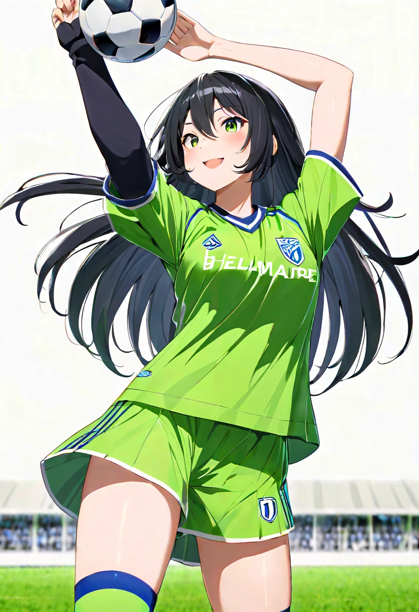 Wearing the home uniform of Shonan Bellmare of Japan&#39;s professional soccer league J1,Green uniform,Make the emblem look similar,black hair girl,Right hand extended upwards
