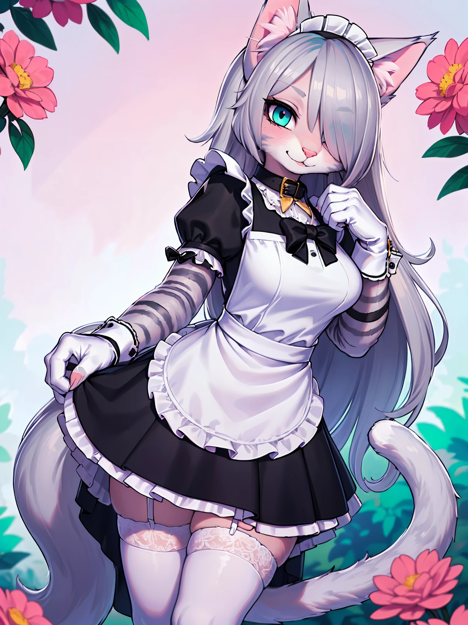 (detailed snout and eyes:1.3), Masterpiece, perfect, highly detailed, furry, Anthro, (adult), (1female), (adult cat girl), (fluffy fur:1.2), (pink fur:1.3), 1 cat tail, (fluffy cat tail), (silver long hair:1.6), (hair over one eye:1.2), (silver cat ears:1.6), (teal cat eyes:1.2), {cat's pupil}, medium breasts, wearing a black collar, comfy clothes, (wearing a long elegant and classic maid dress:1.4), {long black maid skirt:1.2}, frills, (silk white gloves), (silk white thigh-highs socks), beautiful garden background, caressing flowers, smiling, right angle view, standing