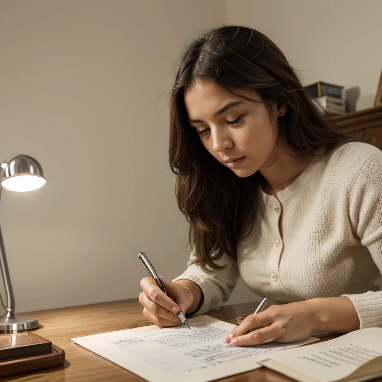 A person writing down questions,pen and paper,detailed hand with pencil,Famous artist's detailed drawing,high-resolution,masterpiece,clear handwriting,concentrated expression,focused on writing,artistic touch,crisp and sharp lines and shading,clean and organized desk,homely and warm atmosphere,soft lighting,traditional style furniture.