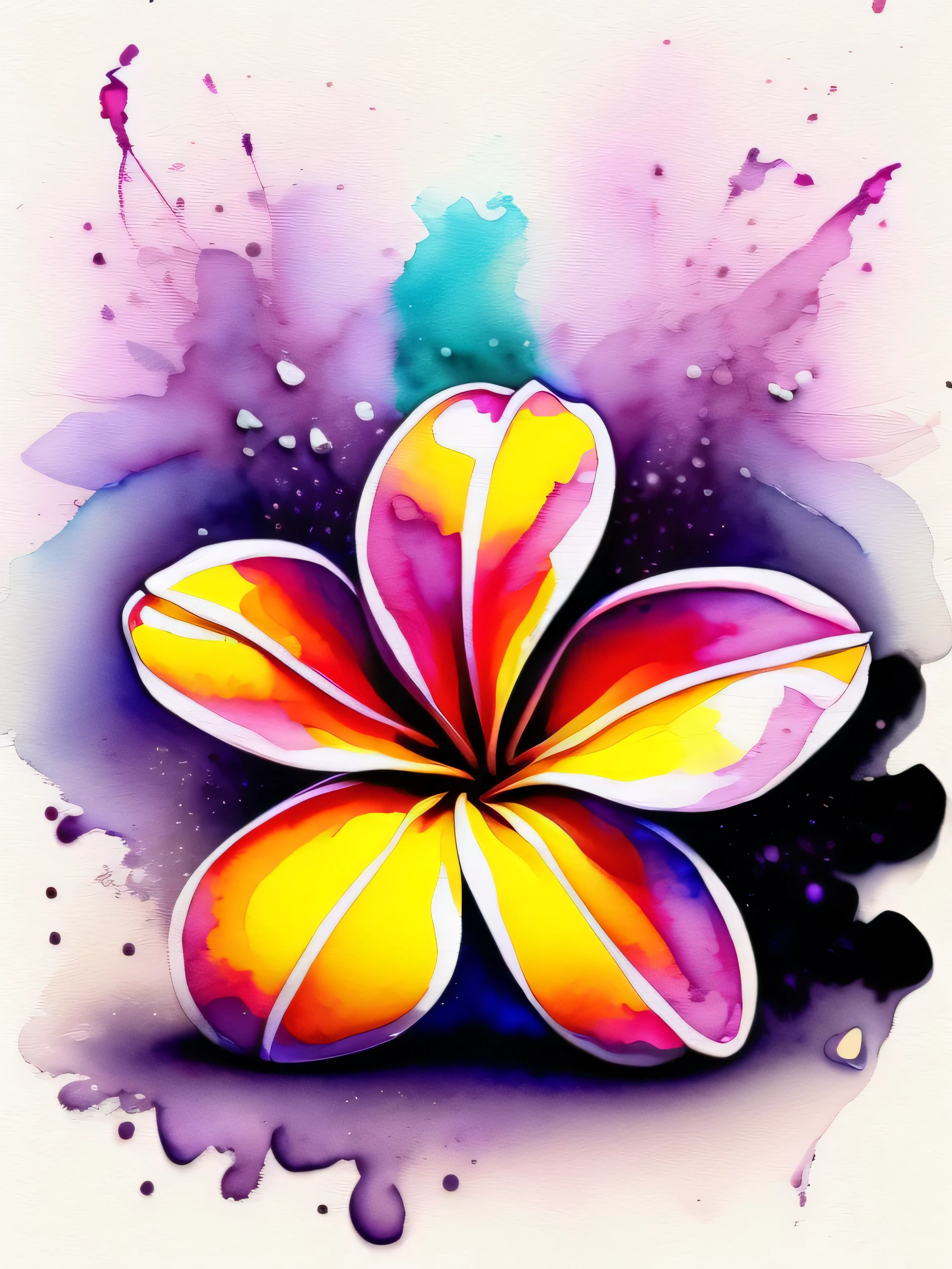 a Plumeria painting with a splatter background and spray paint effect, by Adam hughes, plumeria flower, watercolor art, watercolor painting, watercolor painting style, watercolor detailed art, watercolor digital painting, watercolor paint, masterfully detailed watercolor, watercolor art