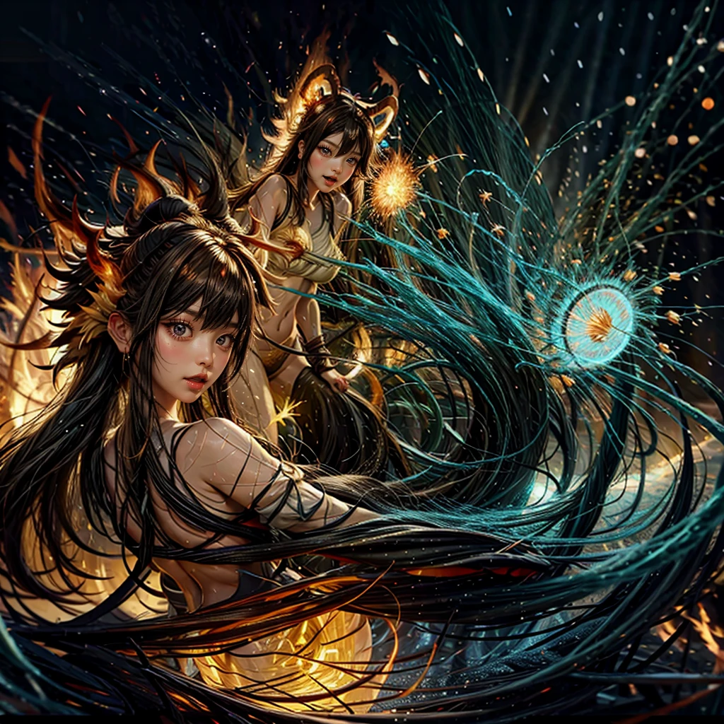 (NSFW:-1, Exposed:0.75), (((nipple:-1, horns:-1, extra ears:-1))), (bokeH, Acutance:0.85, Ultra-detailed:1.35), (Masterpiece, best quality, highres, realistic:1.37), (sexy Ifrit clad in flames with aura:1.28), (all outfits made of flames), (many colorful lights and sparks in blurred background:1.2), detailed gaze, seductive lips, alluring pose, mesmerizing atmosphere . BREAK (Luminous Particles:1.15), full of fire covering and surrounding whole Body, filled with flames, ruins, fiery Sky, a cigarette hold in mouth .