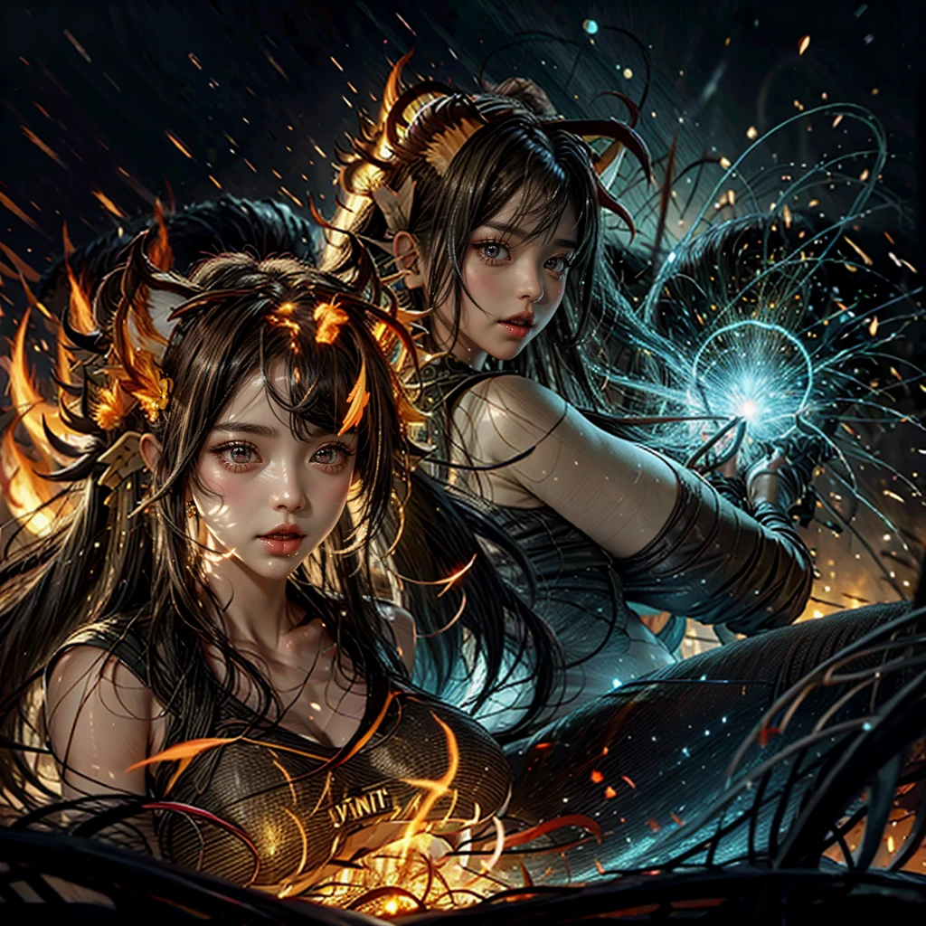 (NSFW:-1, Exposed:0.75), (((nipple:-1, horns:-1, extra ears:-1))), (bokeH, Acutance:0.85, Ultra-detailed:1.35), (Masterpiece, best quality, highres, realistic:1.37), (sexy Ifrit clad in flames with aura:1.28), (all outfits made of flames), (many colorful lights and sparks in blurred background:1.2), detailed gaze, seductive lips, alluring pose, mesmerizing atmosphere . BREAK (Luminous Particles:1.15), full of fire covering and surrounding whole Body, filled with flames, ruins, fiery Sky, a cigarette hold in mouth .