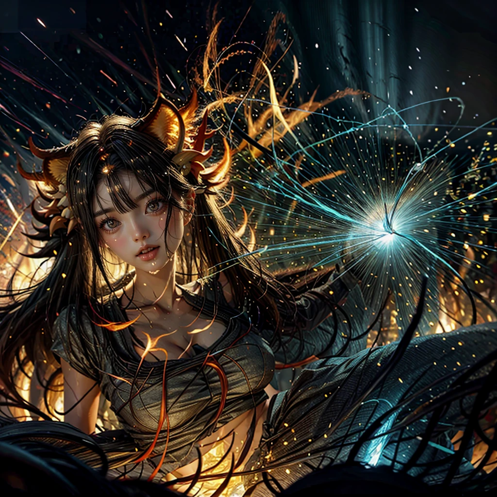 (NSFW:-1, Exposed:0.75), (((nipple:-1, horns:-1, extra ears:-1))), (bokeH, Acutance:0.85, Ultra-detailed:1.35), (Masterpiece, best quality, highres, realistic:1.37), (sexy Ifrit clad in flames with aura:1.28), (all outfits made of flames), (many colorful lights and sparks in blurred background:1.2), detailed gaze, seductive lips, alluring pose, mesmerizing atmosphere . BREAK  (Luminous Particles:1.15), full of fire covering and surrounding whole Body, filled with flames, ruins, fiery Sky, a cigarette hold in mouth .