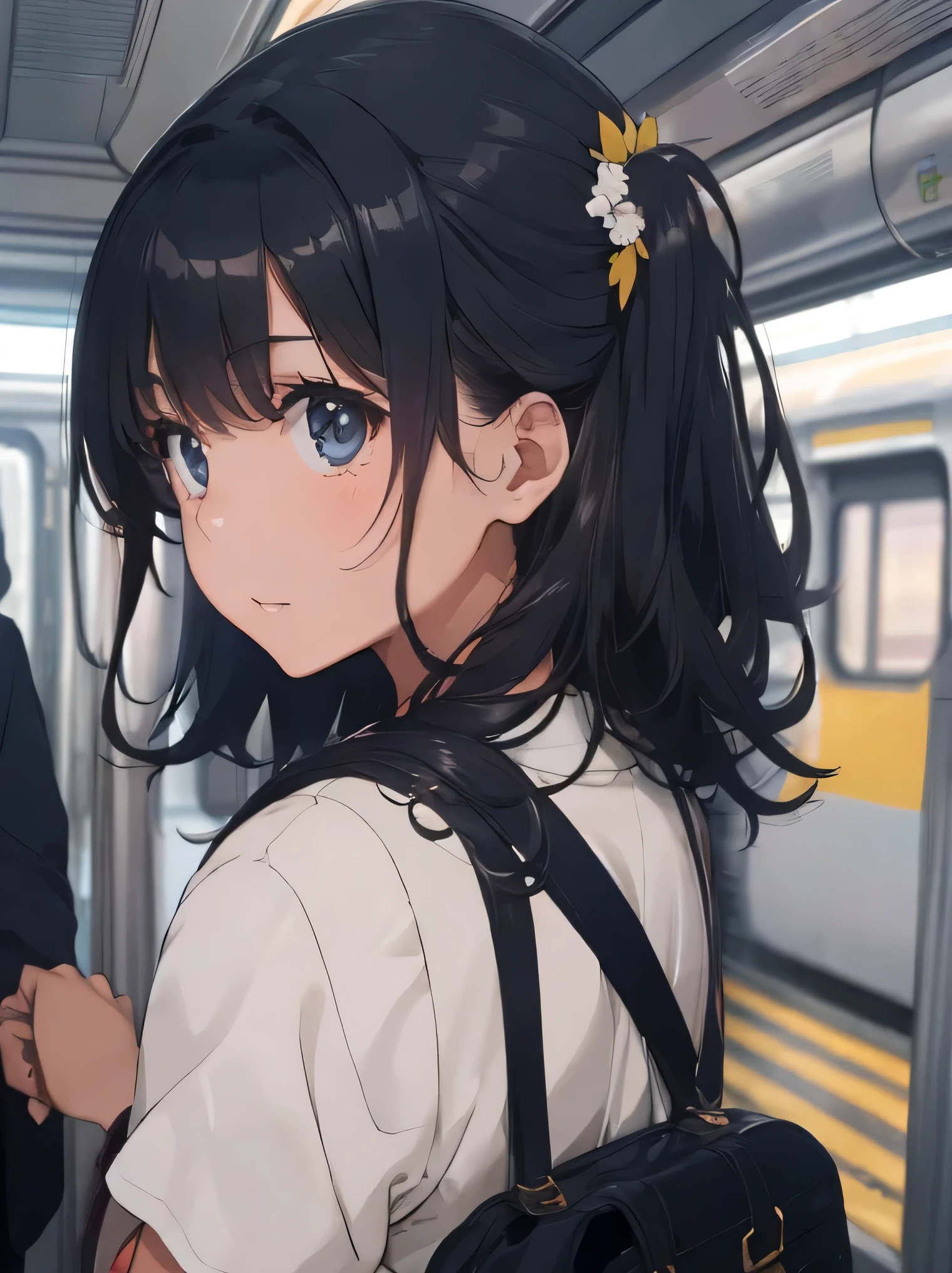 (8K、RAW photo、highest quality、masterpiece:1.2)、detailed background、beautiful and detailed face、sailor suit、sailor color、school cardigan、navy pleated skirt、beautiful and smooth skin、skin texture、professional lighting、Beautiful teenage girl、cute hairstyle、Close-up of the nape from directly behind、in a crowded train