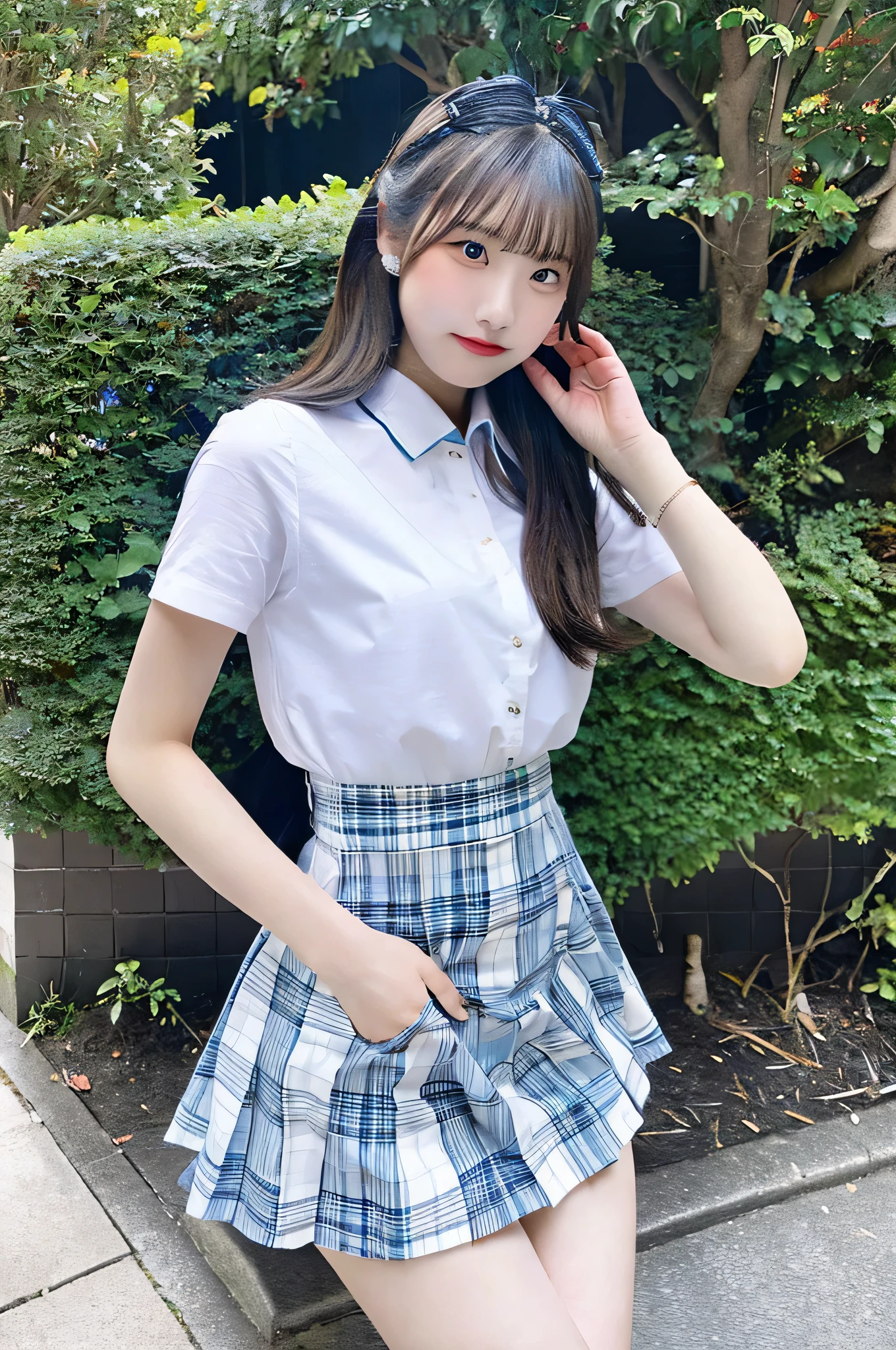 super mini skirt(Light blue plaid)An 18-year-old high school girl wearing a white shirt.