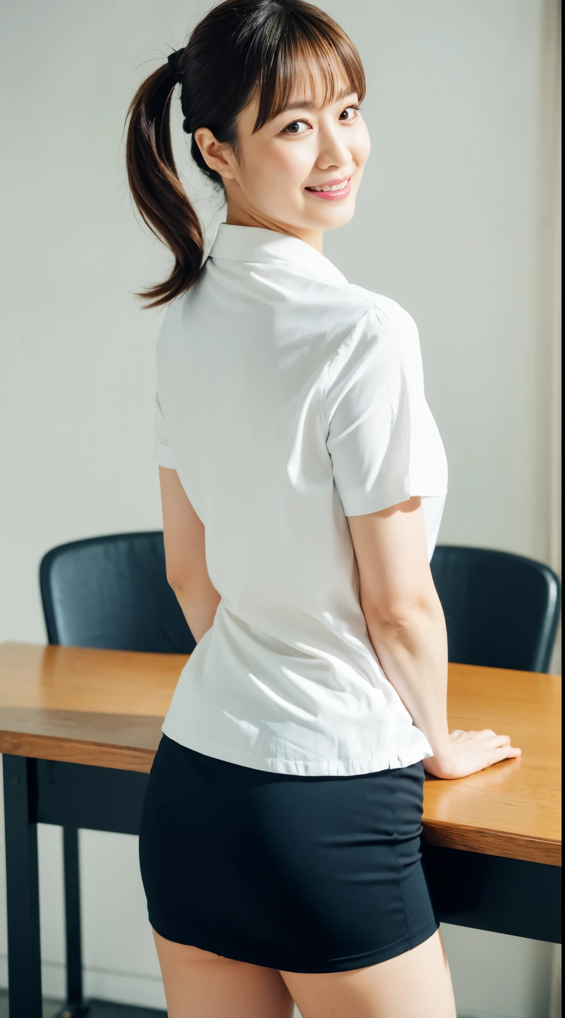 (Best quality, 8k, 32k, Masterpiece, UHD:1.2), from behind, 1 walking girl, beautiy Japanese office lady, (smile:0.5), (looking at the the viewer), 30 years old, bit chubby, white shirt, black skirt, office room, desk, (small breasts, buttocks:1.2), detailed beautiful face, wavy pony-tail hair, from below,