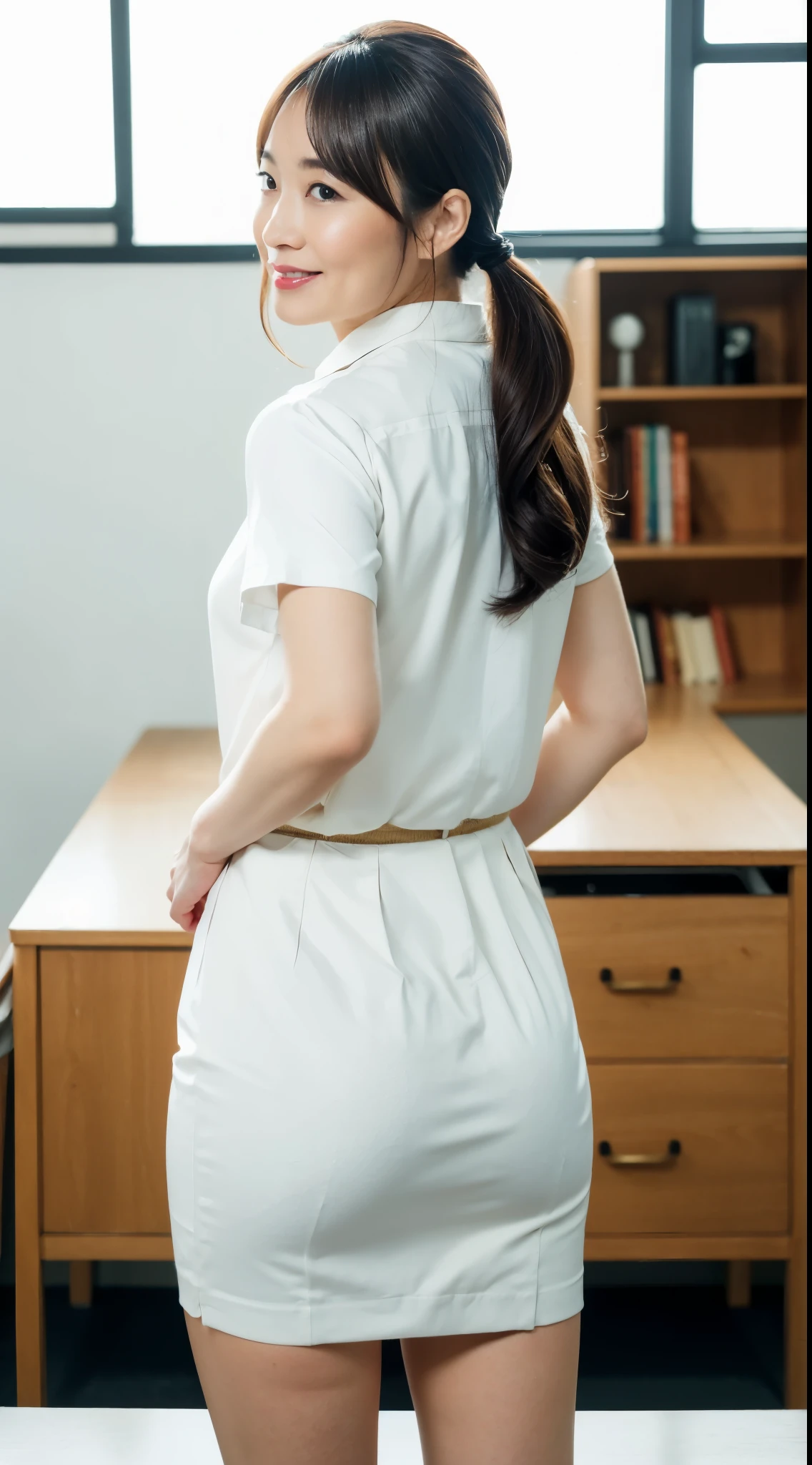 (Best quality, 8k, 32k, Masterpiece, UHD:1.2), from behind, 1 walking girl, beautiy Japanese office lady, (smile:0.5), (looking at the the viewer), 30 years old, bit chubby, white shirt, black skirt, office room, desk, (small breasts, buttocks:1.2), detailed beautiful face, wavy pony-tail hair, from below,