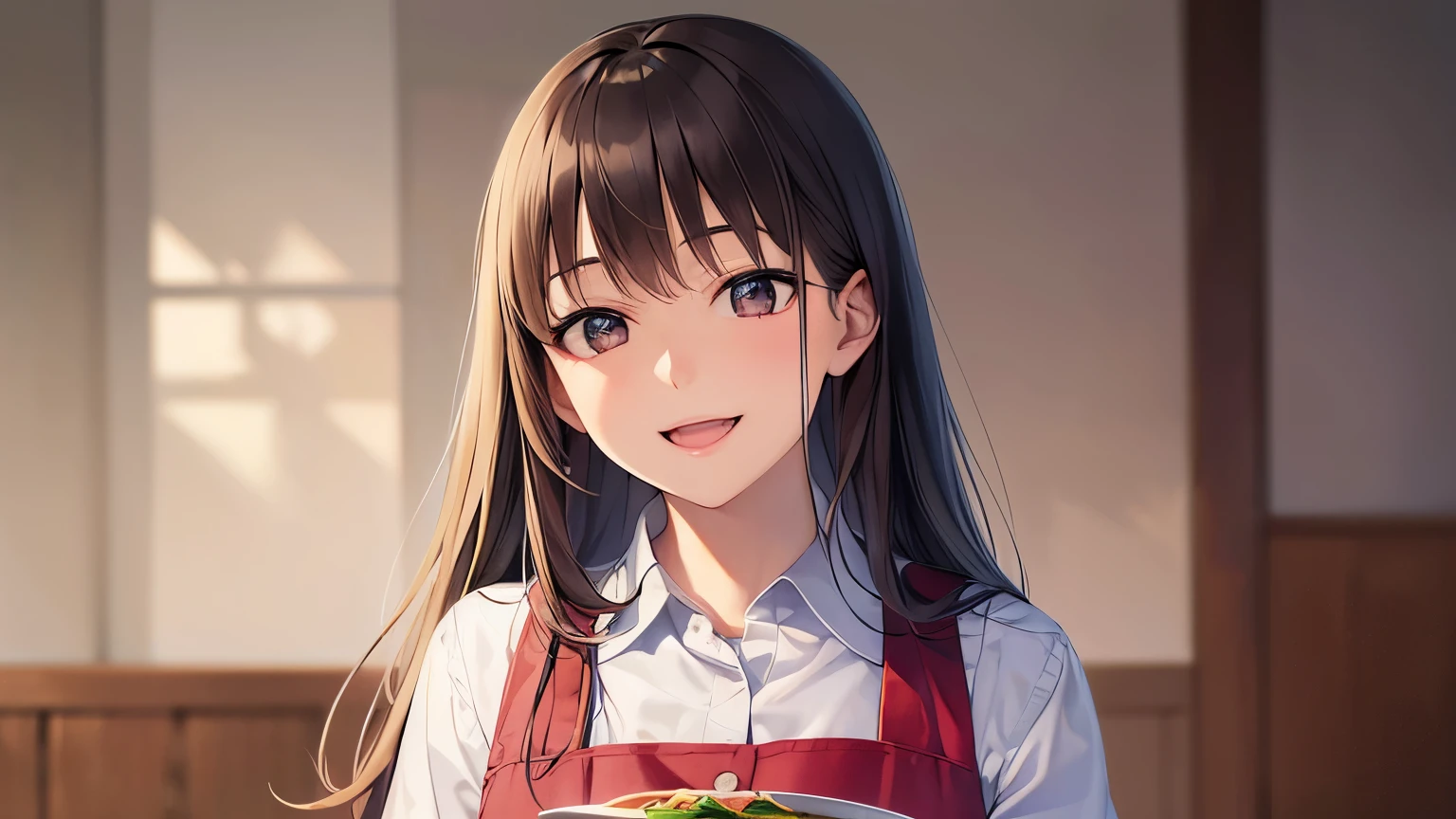Realistic, real person, RAW photo, photorealistic, portrait photography, shiny skin, japanese idol、A 25-year-old woman with medium-long hair with bright chestnut bangs.、holding a plate with food on it、wearing a beige cut-and-sew shirt、Wearing an apron、Are standing、(smile:1.5), open mouth, Alone、The background is the living room