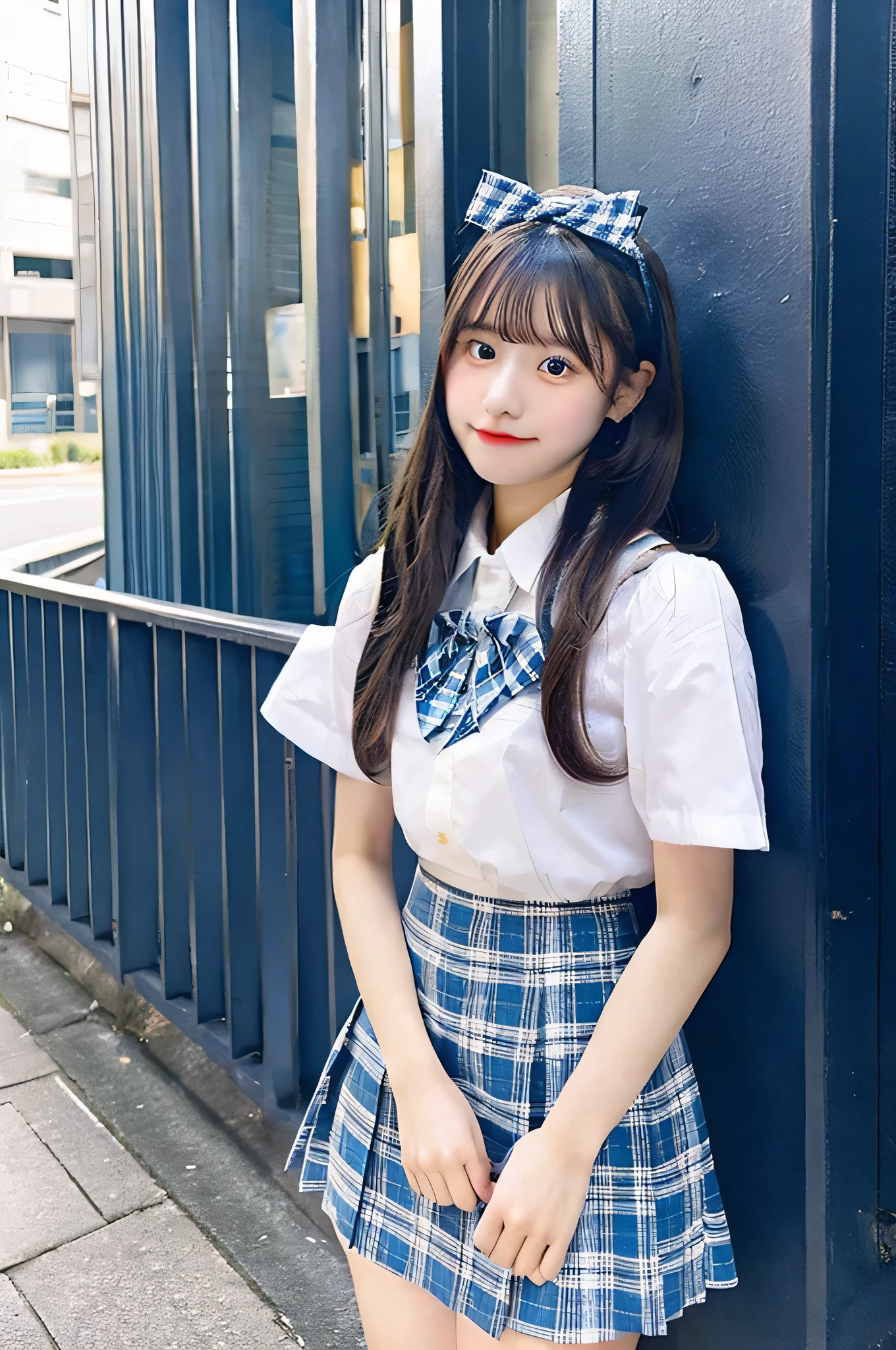 super mini skirt（Light blue plaid）An 18-year-old high school girl wearing a white shirt.