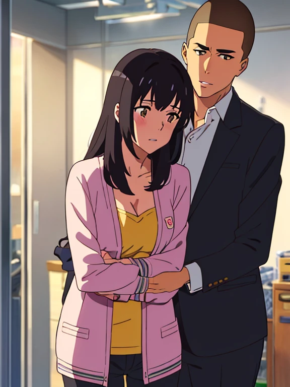 shinkai makoto, kimi no na wa., 1boy, buzzcut,office suit, boy caressing girl's body, kiss cheeks, passionate hug, boy is hugging from behind, 1girl, bangs, black hair, brown eyes, parted lips, Twisted Half Up, red ribbon, long hair, long sleeve light pink cardigan, open shirt, yellow shirt, cleavage, breast, medium breast, storage room, indoors, masterpiece, perfect anatomy, cowboyshot