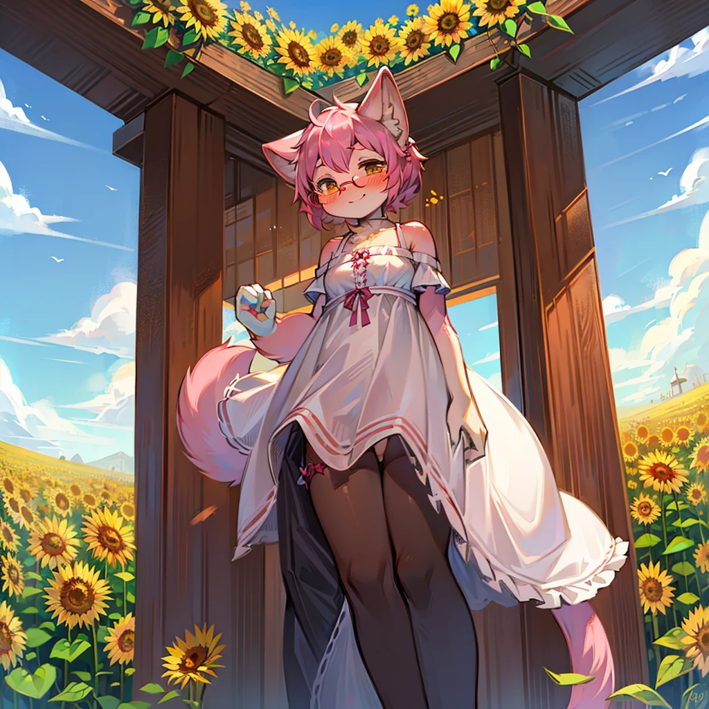high quality,high resolution,high detailed fur,pubic fur,pink fur,cat girl,glasses,short white dress,bare shoulders,blue sky,sunflower field,blush,blue sky,1 girl,smiley face