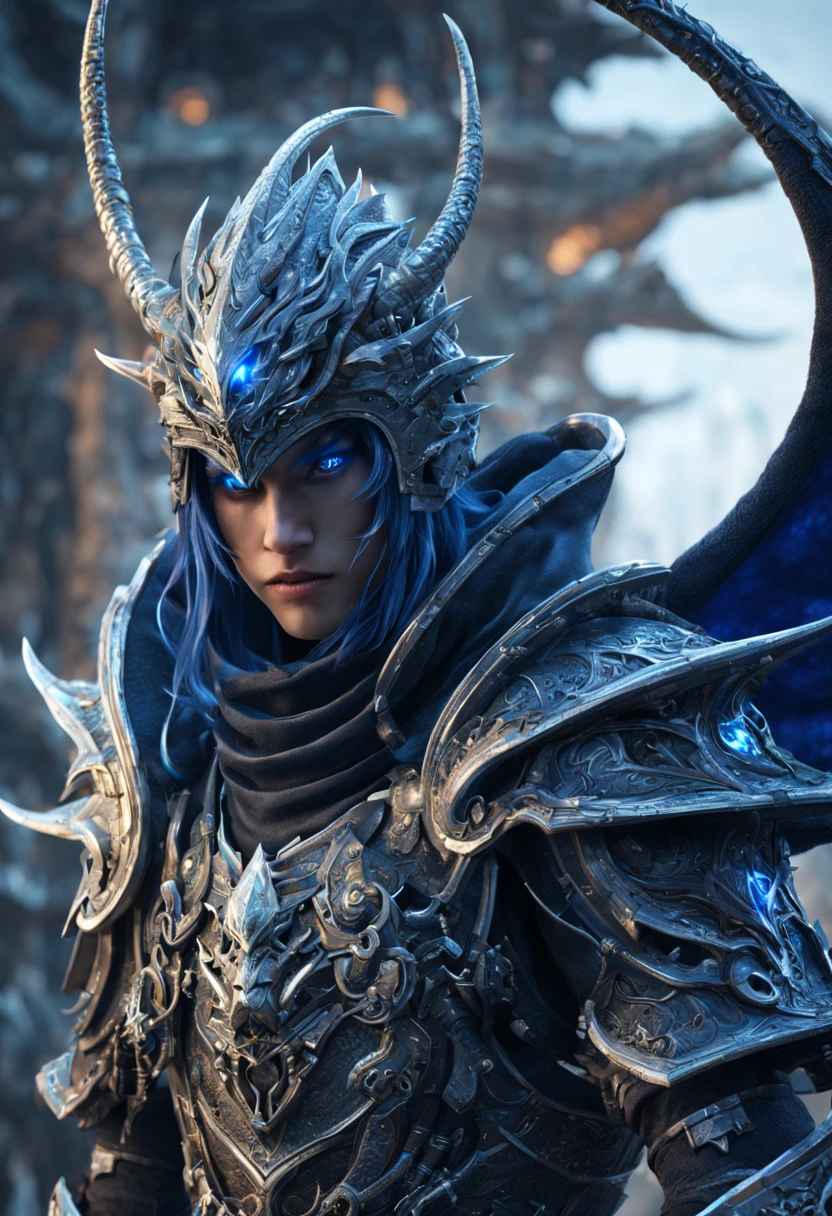 standing near a dragon is a gorgeous anime Half elf rogue male thai model with a black and deep blue hood outfit, highly detailed steampunk, eterochrome blue eyes, scars on the cheek Cyber eyes dark elf fighting a huge elven saddled armored dragon, dark demonic environment, highly detailed, unreal engine 5, battle field standing