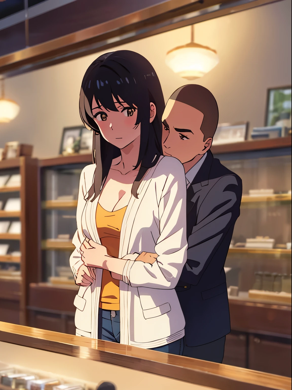 shinkai makoto, kimi no na wa., 1boy, buzzcut, iffice suit,boy touching girl chest,chestgrope from behind, kiss cheeks, passionate hug, boy is hugging from behind, 1girl, bangs, black hair, brown eyes, twisted half up, red ribbon, long hair, long sleeve light yellow cardigan, open shirt, white shirt, cleavage, breast, medium breast, blue pants, name tag written "LUMINE Miyamizu", looking at the viewer, indoors, jewelry shop, indoors, mallmasterpiece, perfect anatomy, cowboyshot,