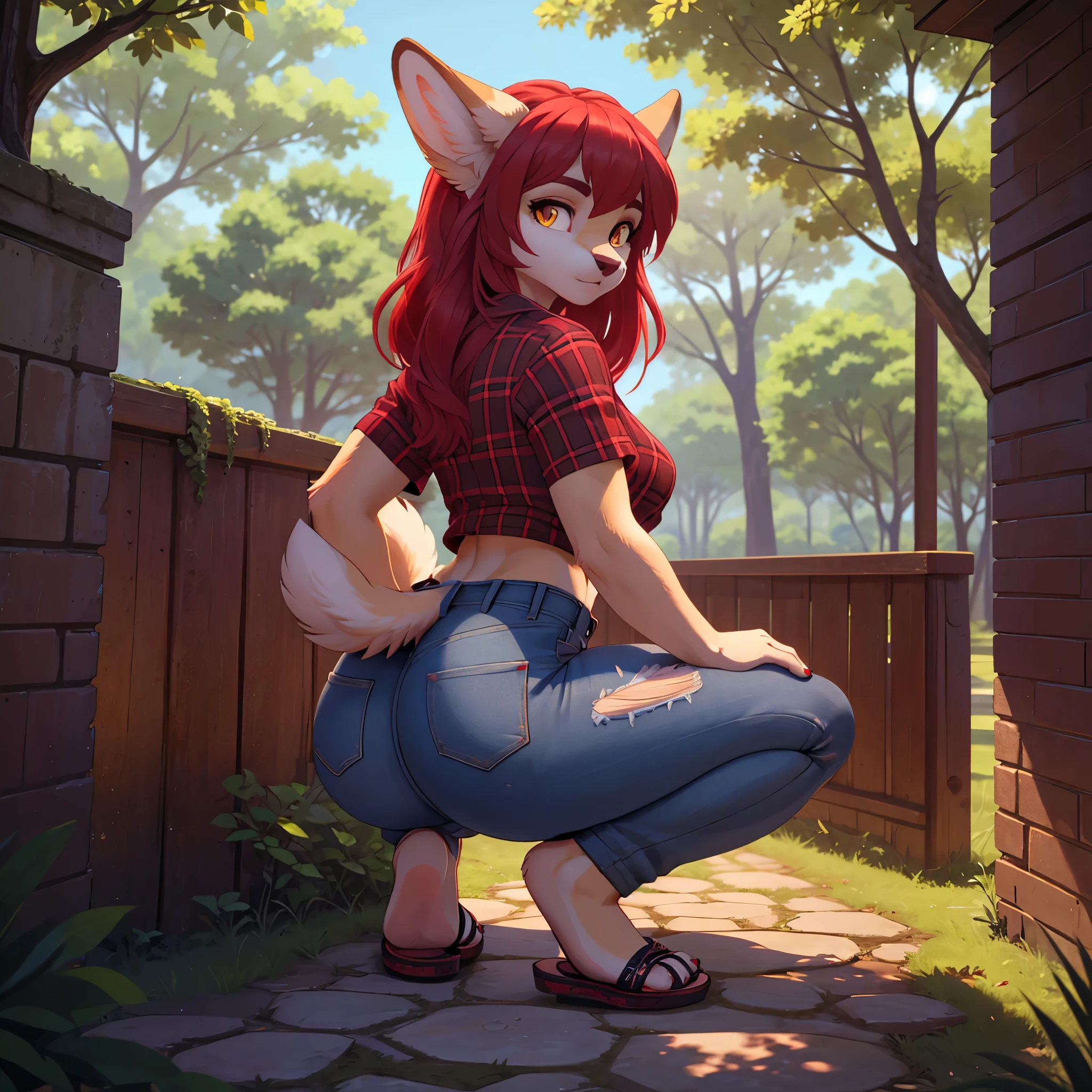 Sexy female anthro, red hair, yellow eyes, full body, 8k, film, masterpiece quality, semi realistic, high detail, big ass, short skinny jeans, cropped plaid shirt, flip flops, giving handjob, on knees, pov