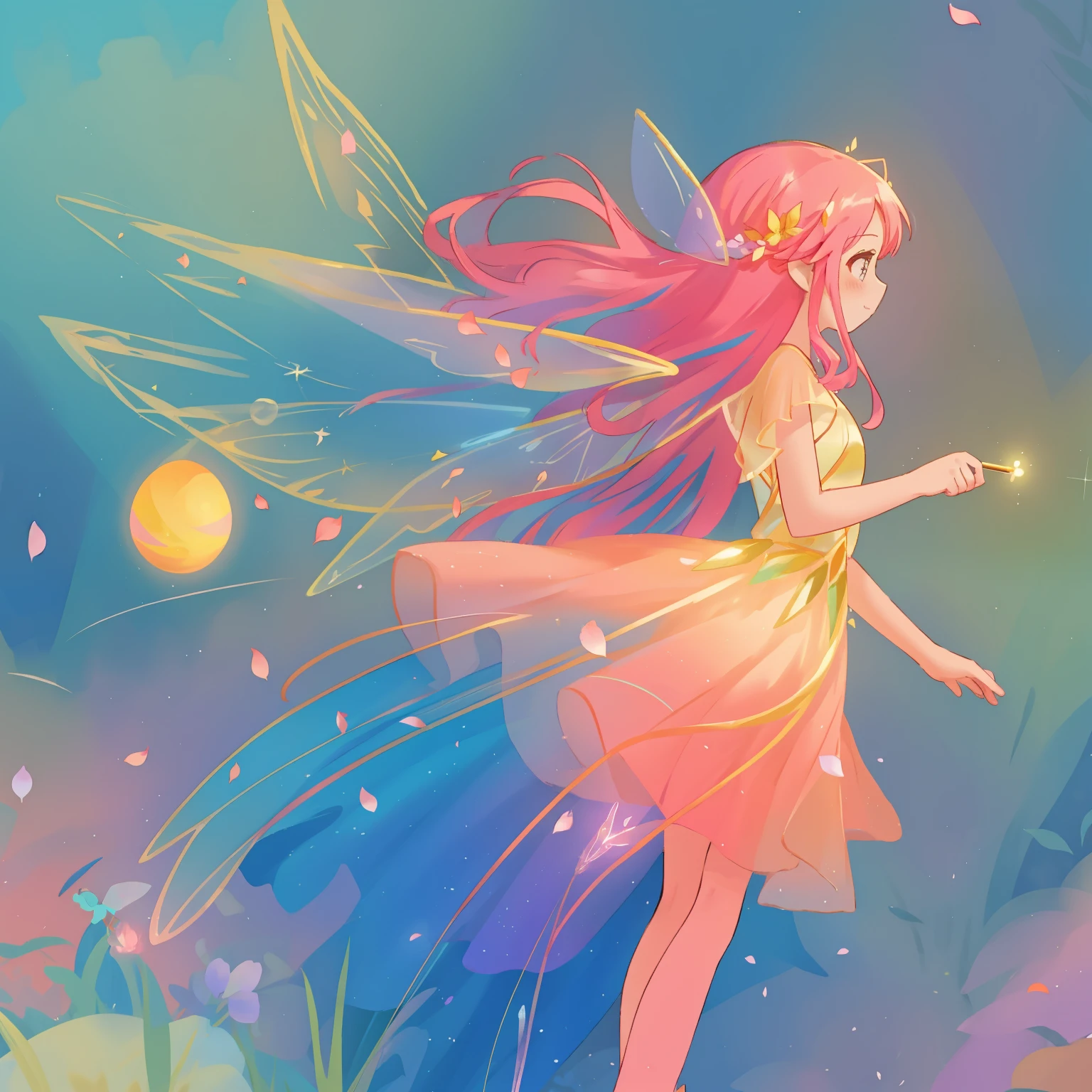 beautiful fairy girl in tiered colorful gradient ballgown dress, gradient sparkling Fairy dress, ((Skirt layered with multi-colored petals)), Fairy dress, queen of the fairies, magical forest background, (Glowing fairy wings), sparkling flowing ball gown, long lavender wavy hair, ((giant shining fairy wings)), Flowers and colorful plants, There&#39;There&#39;s a glowing aura around her, beautiful, masterpiece, highest quality