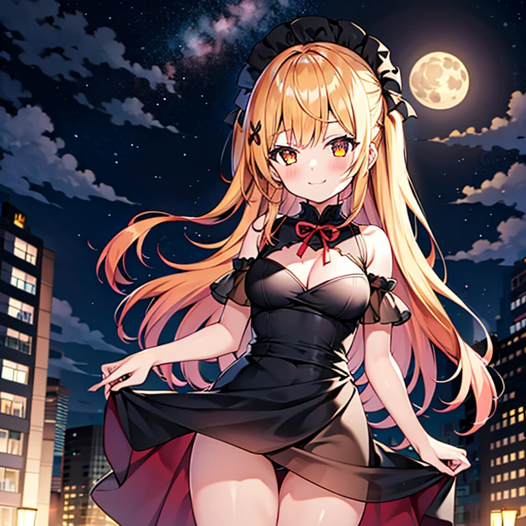 masterpiece, highest quality, be familiar with, 1 girl, alone, night sky, outdoor, full moon, performer, cloud, night,,  dark sakura, (black dress), long hair, evil smile, red ribbon, striped, thighs