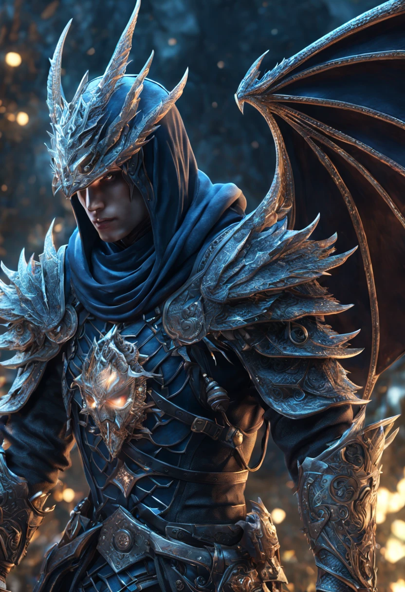 standing near a dragon is a gorgeous anime Half elf rogue male thai model with a black and deep blue hood outfit, highly detailed steampunk, eterochrome blue eyes, scars on the cheek Cyber eyes dark elf fighting a huge elven saddled armored dragon, dark demonic environment, highly detailed, unreal engine 5, battle field standing