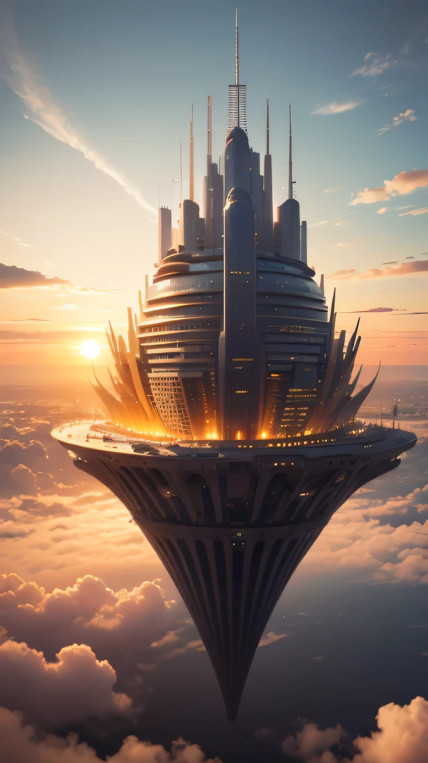 (Best quality,4K,8K,A high resolution,Masterpiece:1.2),Ultra-detailed,(Realistic,Photorealistic,photo-realistic:1.37),Futuristic floating city,Futuristic technology,Huge high-tech tablet platform,Airship,Floating in the sky,Futuristic city,Small airships around,High-tech hemispherical platform, city floating on lots of extremely bright white clouds, city on top of reflective clouds, clouds at bottom, golden yellow tones ,sunset, hot weather,city floating on desert, summer, yellow sky, yellow reflective orange bright clouds, hot summer, highly reflective bright, white clouds