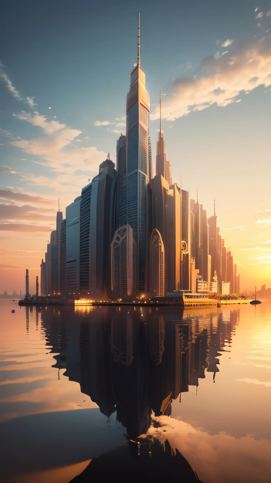 (Best quality,4K,8K,A high resolution,Masterpiece:1.2),Ultra-detailed,(Realistic,Photorealistic,photo-realistic:1.37),Futuristic floating city,Futuristic technology,Huge  high-tech tablet platform,Airship,Floating in the sky,Futuristic city,Small airships around,High-tech hemispherical platform, city floating on lots of extremely bright white clouds, city on top of reflective clouds,  clouds at bottom, golden yellow tones ,sunset, hot weather,city floating on desert, summer, yellow sky, yellow  reflective orange clouds, hot summer, highly reflective clouds