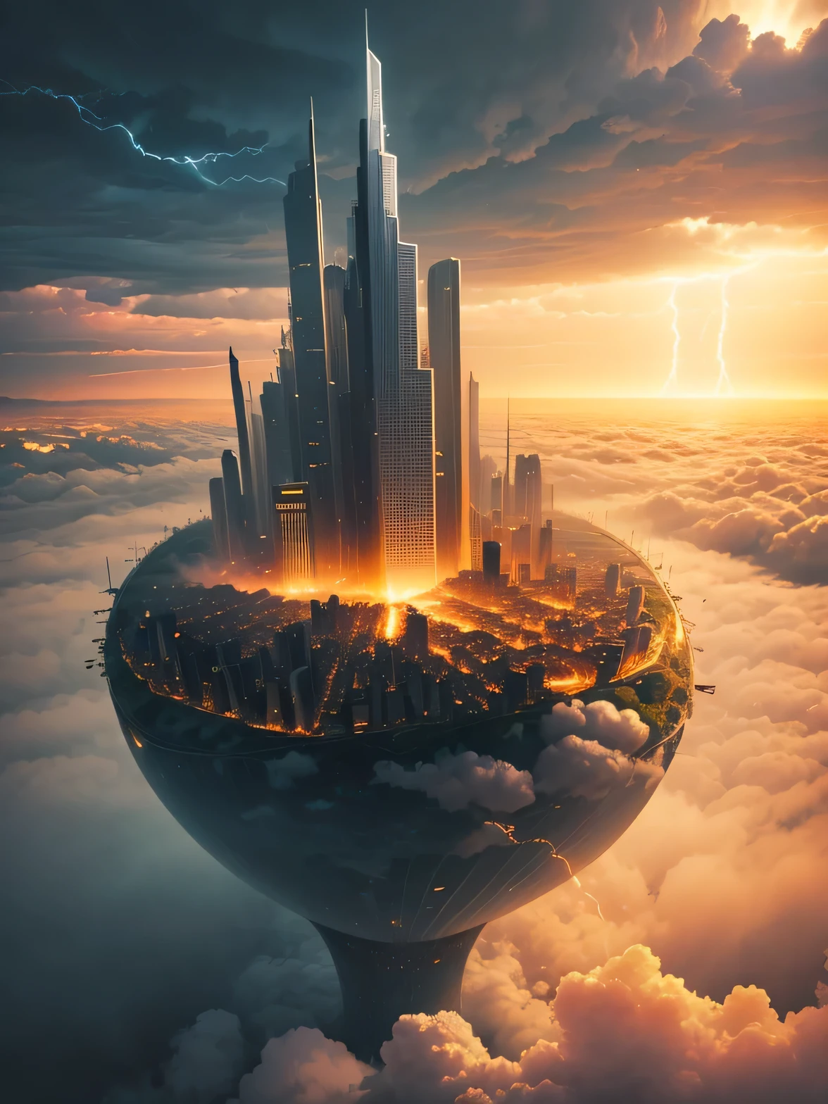 (Best quality,4K,8K,A high resolution,Masterpiece:1.2),Ultra-detailed,(Realistic,Photorealistic,photo-realistic:1.37),Futuristic multiple floating cities ,Futuristic technology,Huge high-tech tablet platform, Airships,Floating in the sky,Futuristic city,Small airships around,three High-tech hemispherical platforms, city floating on lots of clouds thunderstorm and lightning, city on top of clouds severe lightning, clouds at bottom with extreme lighting and thunderstorm, golden yellow tones , late sunset, hot weather,city floating on desert, summer and thunderstorm and dust clouds, yellow sky, yellow orange clouds, hot summer, multiple cities, birds eye view, tornado, wind whirlpool, cities floating in storm, extreme thunderstorm