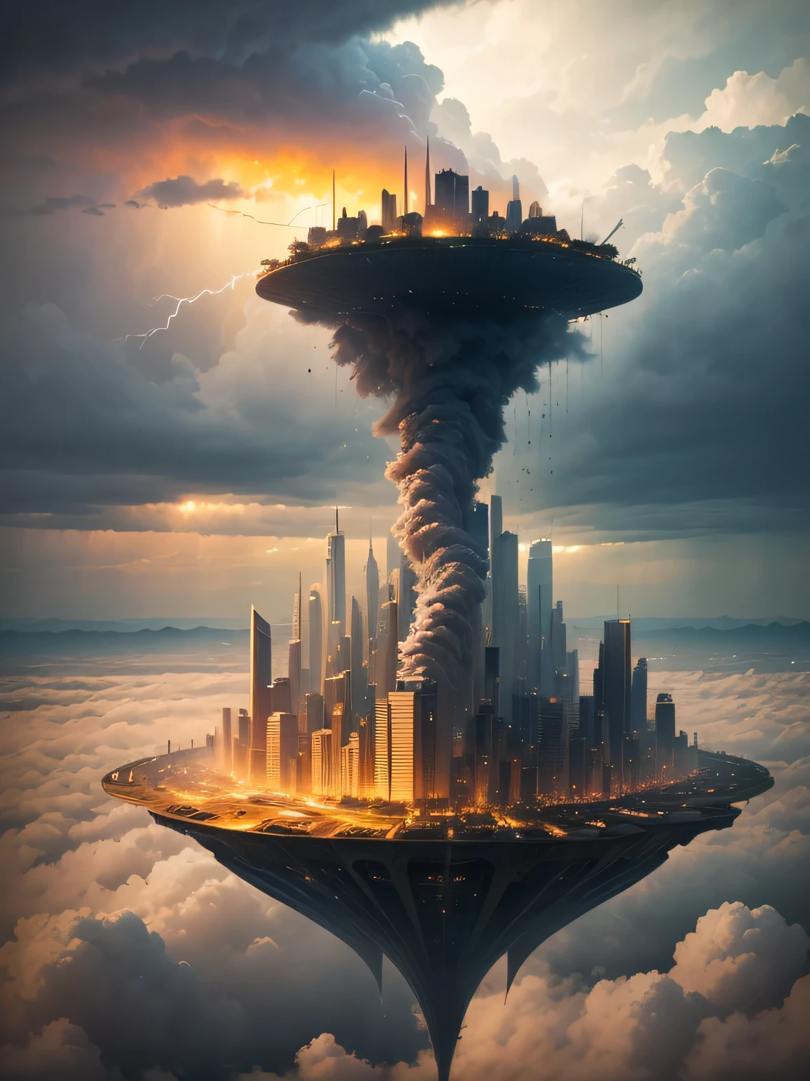 A city in the sky with a cloud and a tower - SeaArt AI