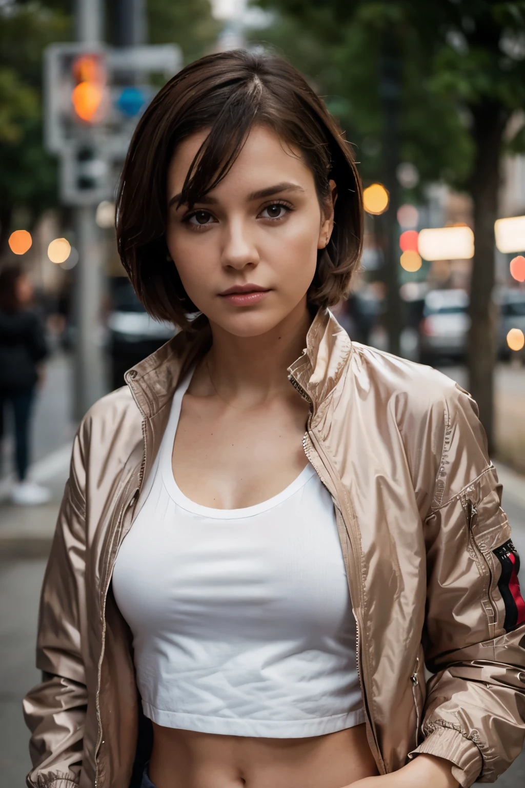 a half body portrait of a 28 years old white female, spanish woman, short hair light-brown hair, diagonal bangs, slicked-back hair, casual outfit, open jacket, black and red windbreaker jacket, solo, rendered eyes, high resolution 8k, canon eos 5d mark iv 85mm iso 150, associated press