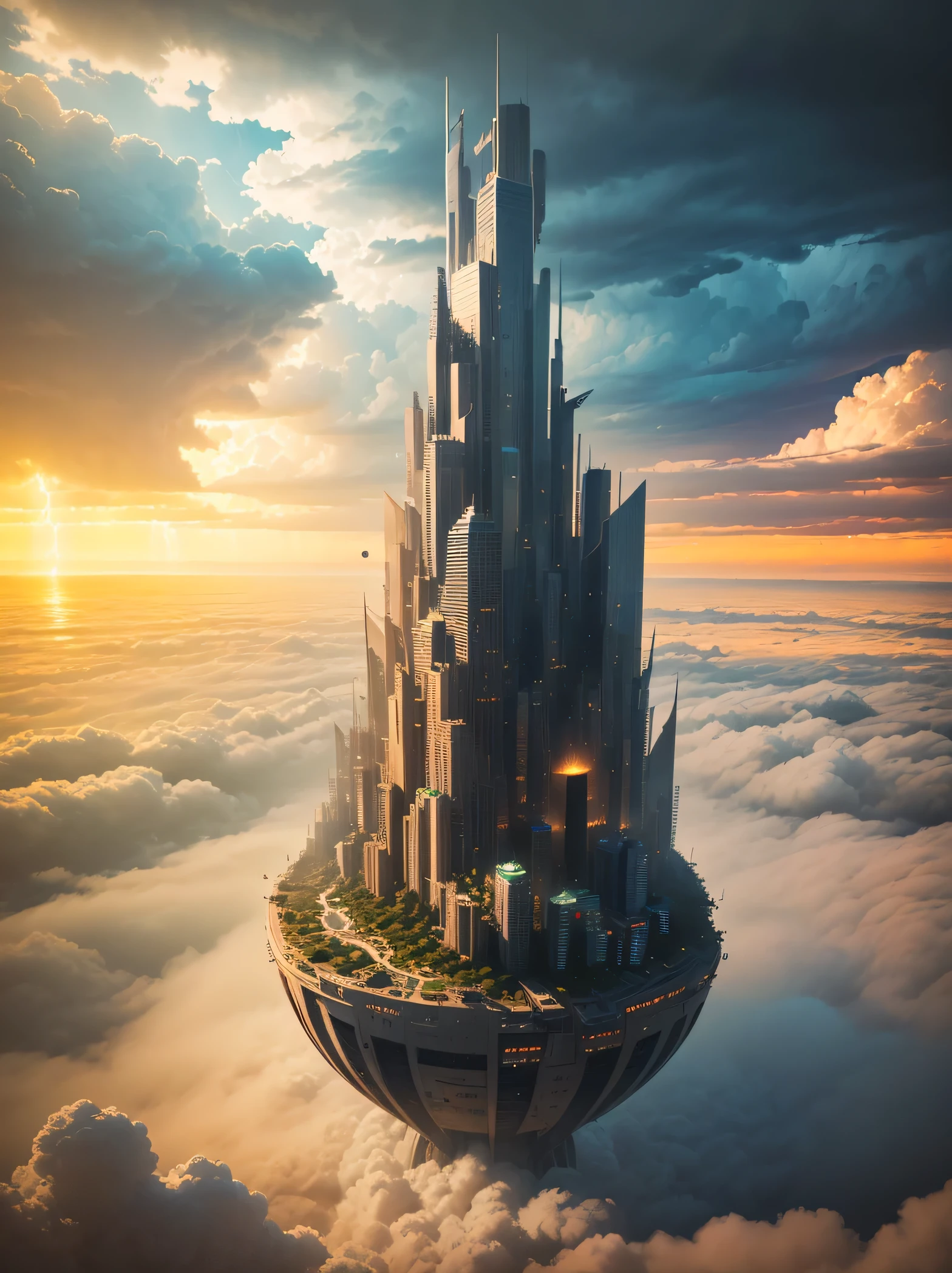 (Best quality,4K,8K,A high resolution,Masterpiece:1.2),Ultra-detailed,(Realistic,Photorealistic,photo-realistic:1.37),Futuristic floating cities ,Futuristic technology,Huge high-tech tablet platform,Airships,Floating in the sky,Futuristic city,Small airships around,High-tech hemispherical platforms, city floating on lots of clouds thunderstorm and lightning, city on top of clouds severe lightning, clouds at bottom with extreme lighting and thunderstorm, golden yellow tones , late sunset, hot weather,city floating on desert, summer and thunderstorm and dust clouds, yellow sky, yellow orange clouds, hot summer, multiple cities, birds eye view, tornado, wind whirlpool, cities floating in storm, extreme thunderstorm