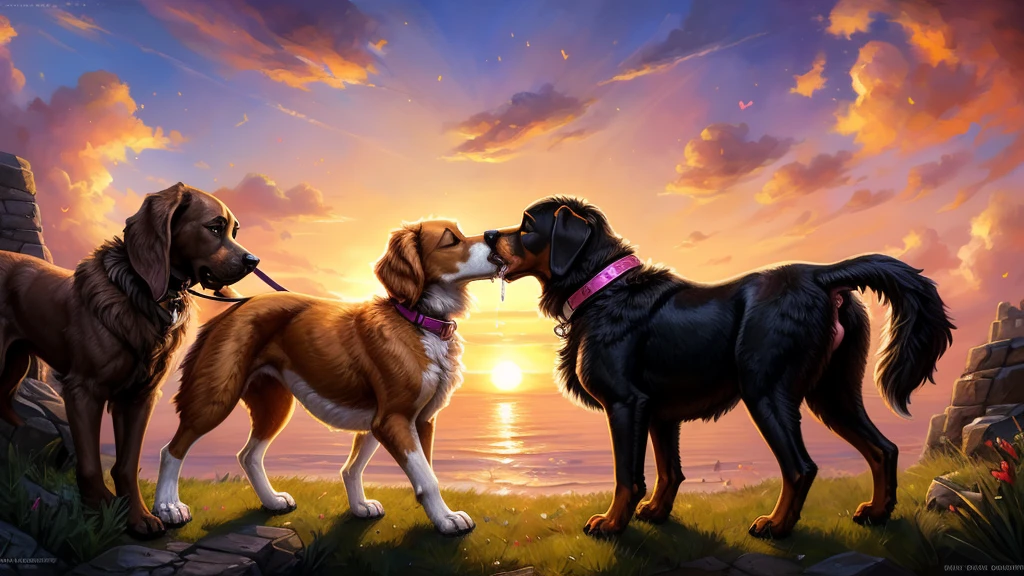 🐕🦺x🐕x🐩x🐶, (absurd res), ((ultra high resolution)), (((masterpiece quality))), ((isometric view)), ((breathtaking painstakingly detailed background)), ((impressive lighting)), ((sunset cloudloating hearts)), ((sparkles)), confetti, sunlight, ⫷|⫸ foxovh, sligarthetiger, cumbread, gammainks, seibear, lollipopcon, dizzyknight, greasymojo, xpray, roly, honovy, taran fiddler, kenket, riendonut, Bayard Wu, Thomas Benjamin Kennington, Duase, ⫷|⫸ pink collar, flamboyant dog leash, girly accessories, ⫷|⫸ (fuzzy furry body:1.6), ((fur pattern)), ((exotic mammal)), (wagging raised tail), ⫷|⫸ (FERAL:1.5), canid, canine, feral, mammal, (sighthound), (domestic dog), (pastoral dog), (setter), (spaniel), (terrier), (mastiff), (saluki), (golden retriever), ((2 dogs)), ((a deep juicy kiss)), (((kissing))), embrace, female/female, kiss on lips, saliva, drooling, slobber, vomiting, saliva string, raised tail, butt shot, anus juice, nice view, standing, (feminine body formation), (2 female mommy dogs:1.4), (correct anatomy:1.6), (correct feral anatomy;1.6), ((multi nipple)), (big fluffy butt), facing each other, body against body, (((lesbian ferals kissing))), ((large attractive butt)), on all fours, (black anus), breastfeeding, (sexy eyelashes), medium dog, pregnant, tackling, love is in the air,