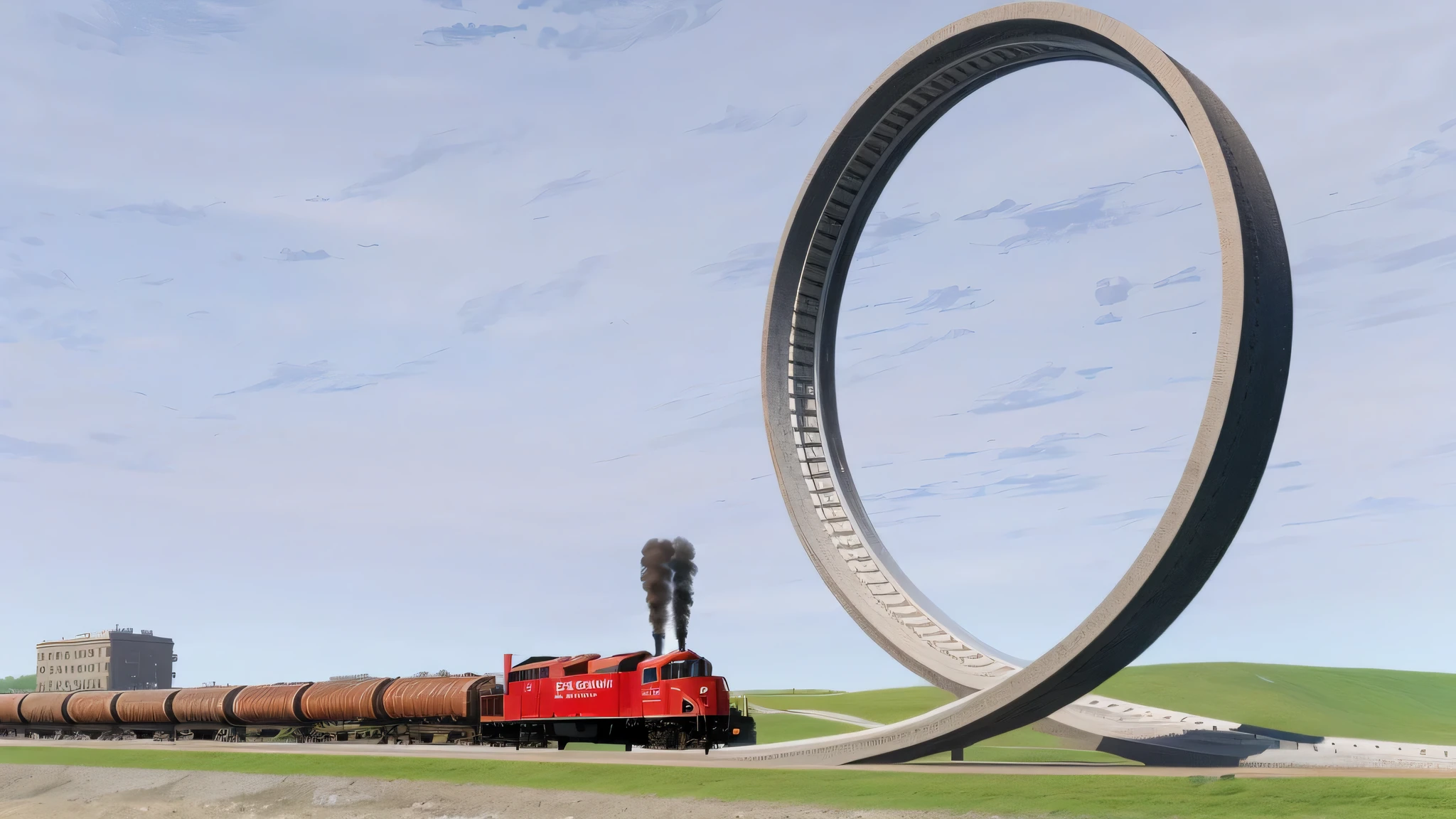 there is a train that is going through a circular ring, a hyper realistic, hyper real render, biomechanical railroad, hyper - realistic render, hyper-realistic render, hyper realistic”, hyper realistic ”, true realistic image, interesting composition, hyperrealistic”, hyperrealistic ”, an ultra realistic, hyper realistic render, hyperrealistic render, unusual composition, circular towers