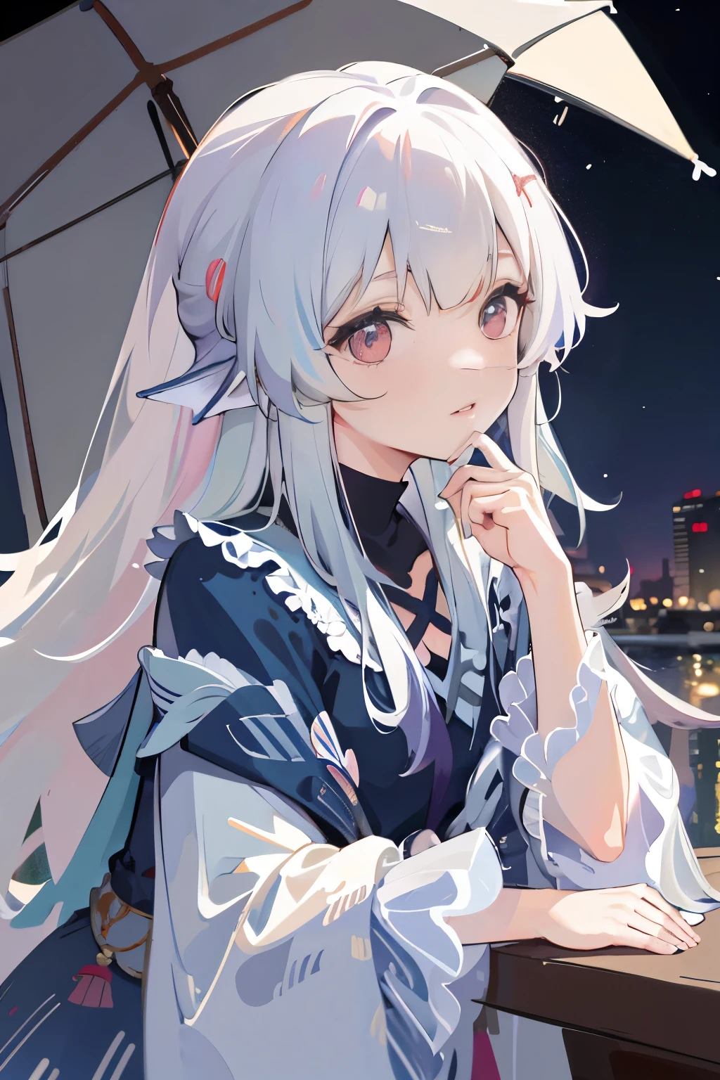 masterpiece, best quality, Very detailed, lightning, intricate details, high resolution, official art, Delicate and beautiful face and eyes, high resolution插图, 8k, depth of field, Bokeh, alone, 1 girl, A girl with white hair and red eyes, long white hair, beautiful red eye, Beautiful scenery, rainy city, Upper body, looking at the audience, close up