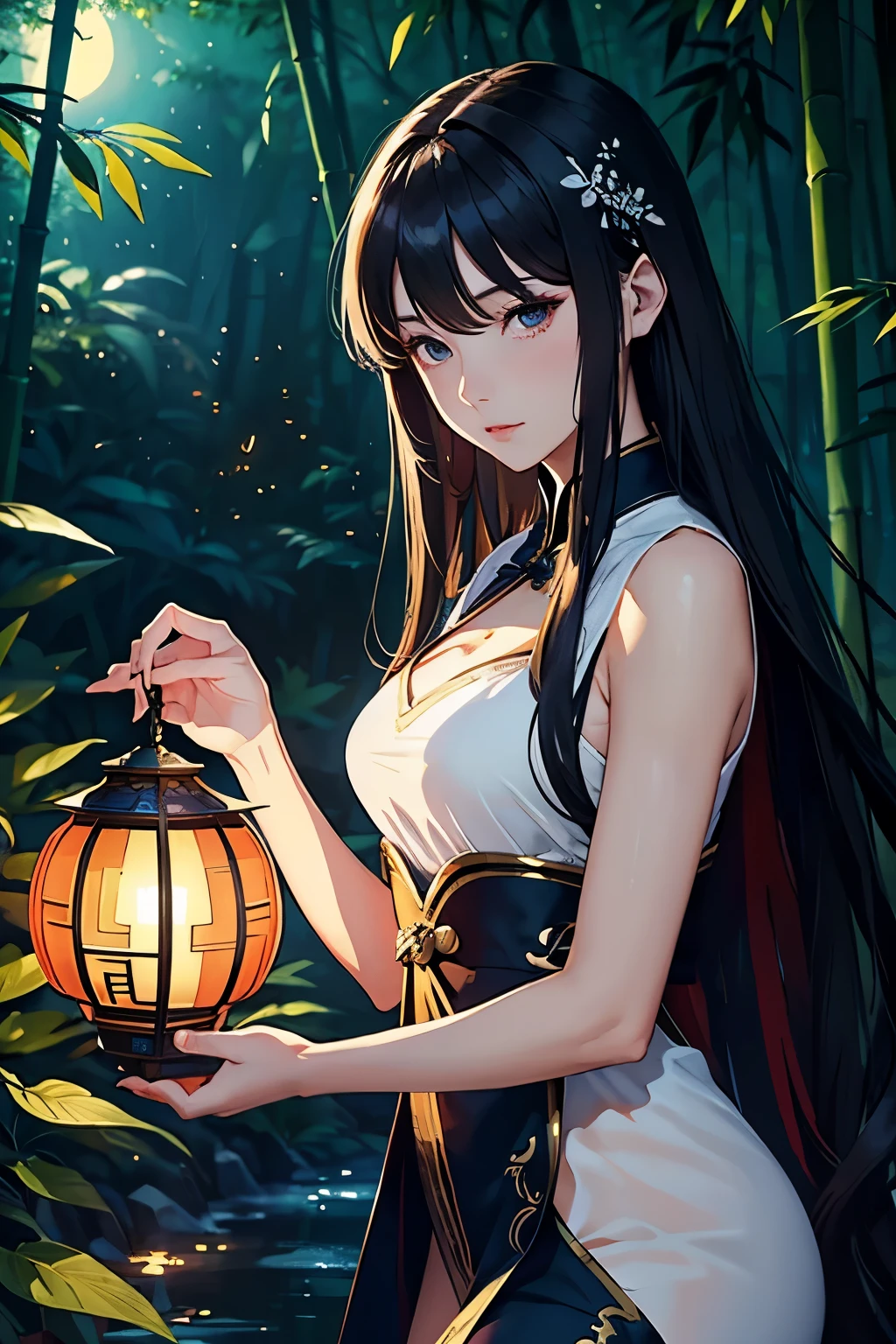 A beautiful woman wear Chinese custom, she is in perfect beautiful pose. She is in A serene bamboo forest bathed in moonlight, with fireflies dancing around, creating a magical atmosphere, Semi-Real art for Novel, Manhua style, Manhwa style, anime style.