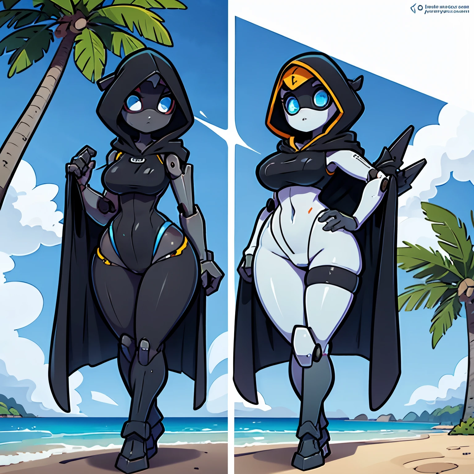 Robot girl at the beach, large metal hips, wearing a hood, near a palm tree, exposed mechanical joints, massive enormous thighs, gigantic butt, enormous legs, cool robotic mask, singular eye, super tall,