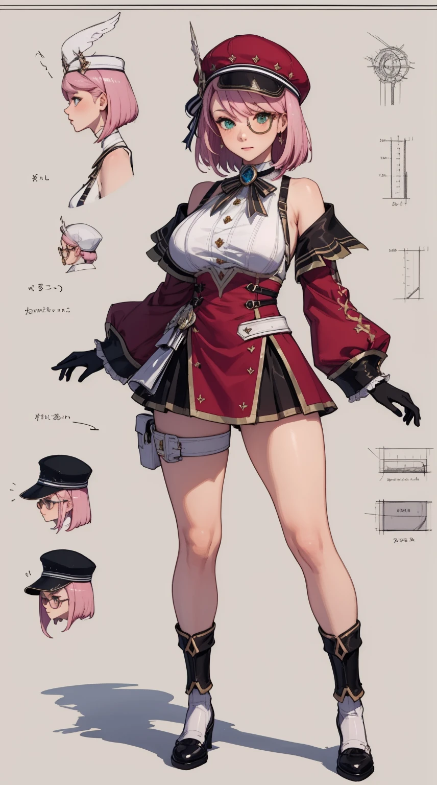 girl, solo, full body, from head to toe, standing, (Huge_Breasts:1.3),

Character Design Sheet, character reference sheet, character turn around,

charlotteid, pink hair, hat, gloves, monocle, bare shoulders, green eyes, long sleeves, short hair, detached sleeves, skirt,