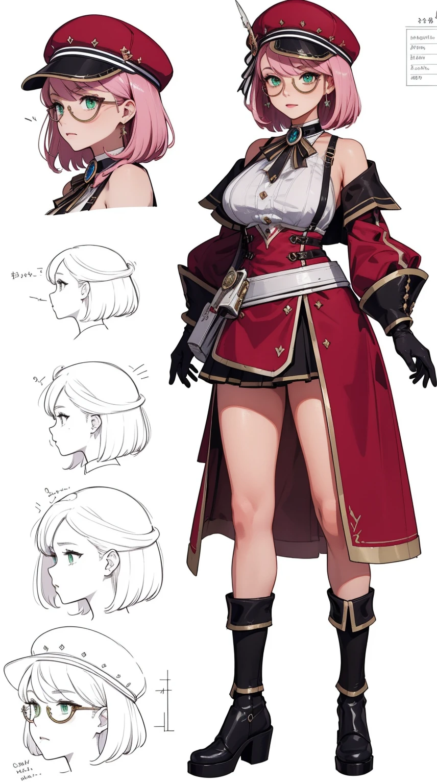 girl, solo, full body, from head to toe, standing, (Huge_Breasts:1.3),

Character Design Sheet, character reference sheet, character turn around,

charlotteid, pink hair, hat, gloves, monocle, bare shoulders, green eyes, long sleeves, short hair, detached sleeves, skirt,