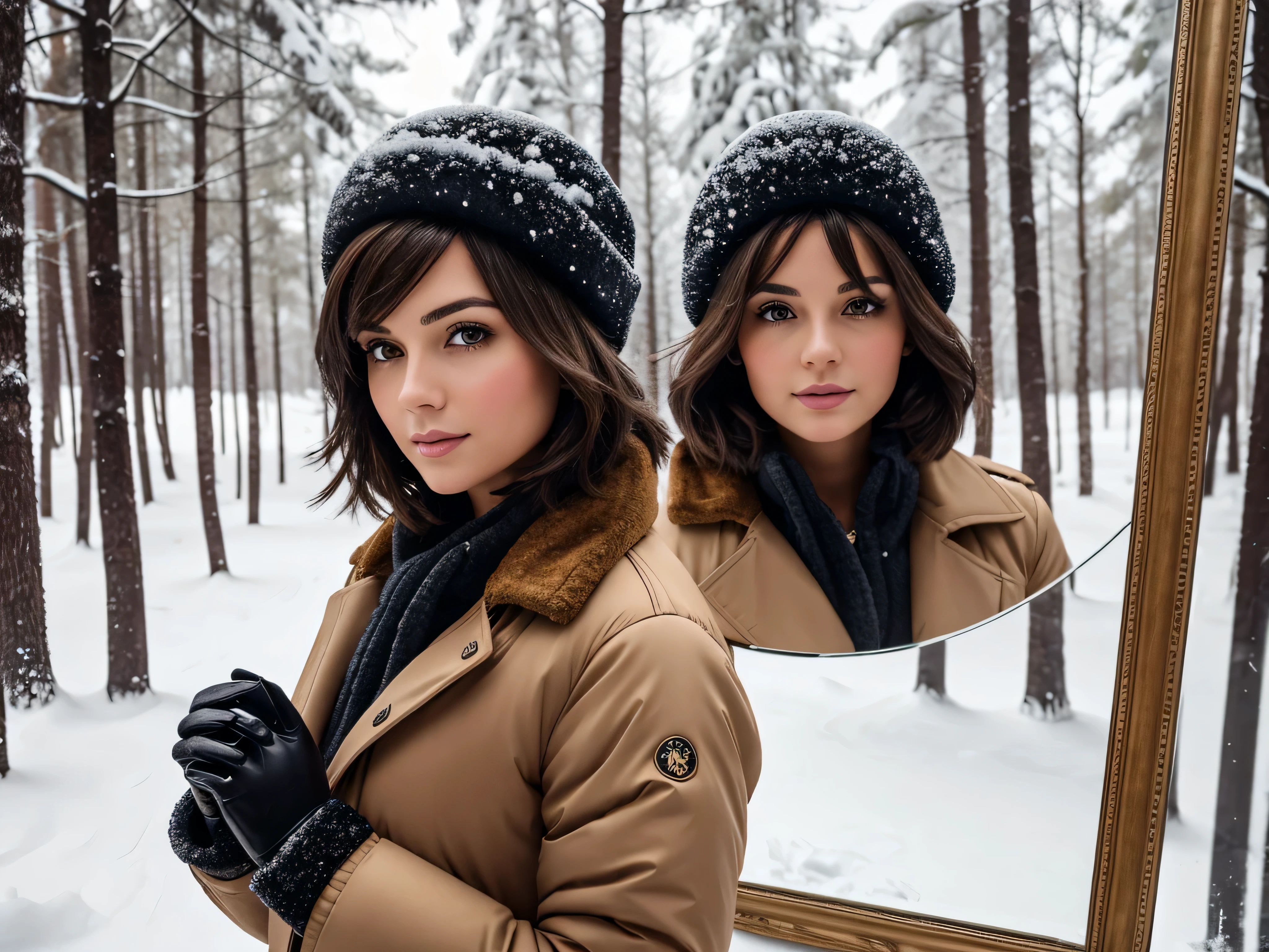 draw a photo of a brunette with short hair, standing in a snowy forest in a winter jacket and gloves in front of a mirror, where the brunette with long hair is reflected