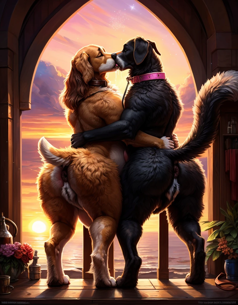  🐕‍🦺x🐕x🐩x🐶, (absurd res), ((ultra high resolution)), (((masterpiece quality))), ((isometric view)), ((breathtaking painstakingly detailed background)), ((impressive lighting)), ((sunset cloudloating hearts)), ((sparkles)), confetti, sunlight, ⫷|⫸ , sligarthetiger, cumbread, gammainks, seibear, lollipopcon, dizzyknight, greasymojo, xpray, roly, honovy, taran fiddler, kenket, riendonut, Bayard Wu, Thomas Benjamin Kennington, Duase, ⫷|⫸ pink collar, flamboyant dog leash, girly accessories, ⫷|⫸ (fuzzy furry body:1.6), ((fur pattern)), ((exotic mammal)), (wagging raised tail), ⫷|⫸ (FERAL:1.5), canid, canine, feral, mammal, (sighthound), (domestic dog), (pastoral dog), (setter), (spaniel), (terrier), (mastiff), (saluki), (golden retriever), ((2 dogs)), ((a deep juicy kiss)), (((kissing))), embrace, female/female, kiss on lips, saliva, drooling, slobber, vomiting, saliva string, raised tail, butt shot, anus juice, nice view, standing, (feminine body formation), (2 female mommy dogs:1.4), (correct anatomy:1.6), (correct feral anatomy;1.6), ((multi nipple)), (big fluffy butt), facing each other, body against body, (((lesbian ferals kissing))), ((large attractive butt)), on all fours, (black anus), breastfeeding, (sexy eyelashes), medium dog, pregnant, tackling, love is in the air,