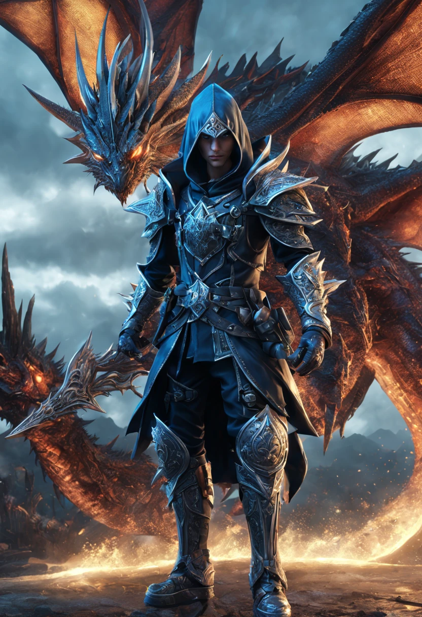 standing near a dragon is a gorgeous anime Half elf rogue male thai model with a black and deep blue hood outfit, highly detailed steampunk, eterochrome blue eyes, scars on the cheek Cyber eyes dark elf fighting a huge elven saddled armored dragon, dark demonic environment, highly detailed, unreal engine 5, battle field standing