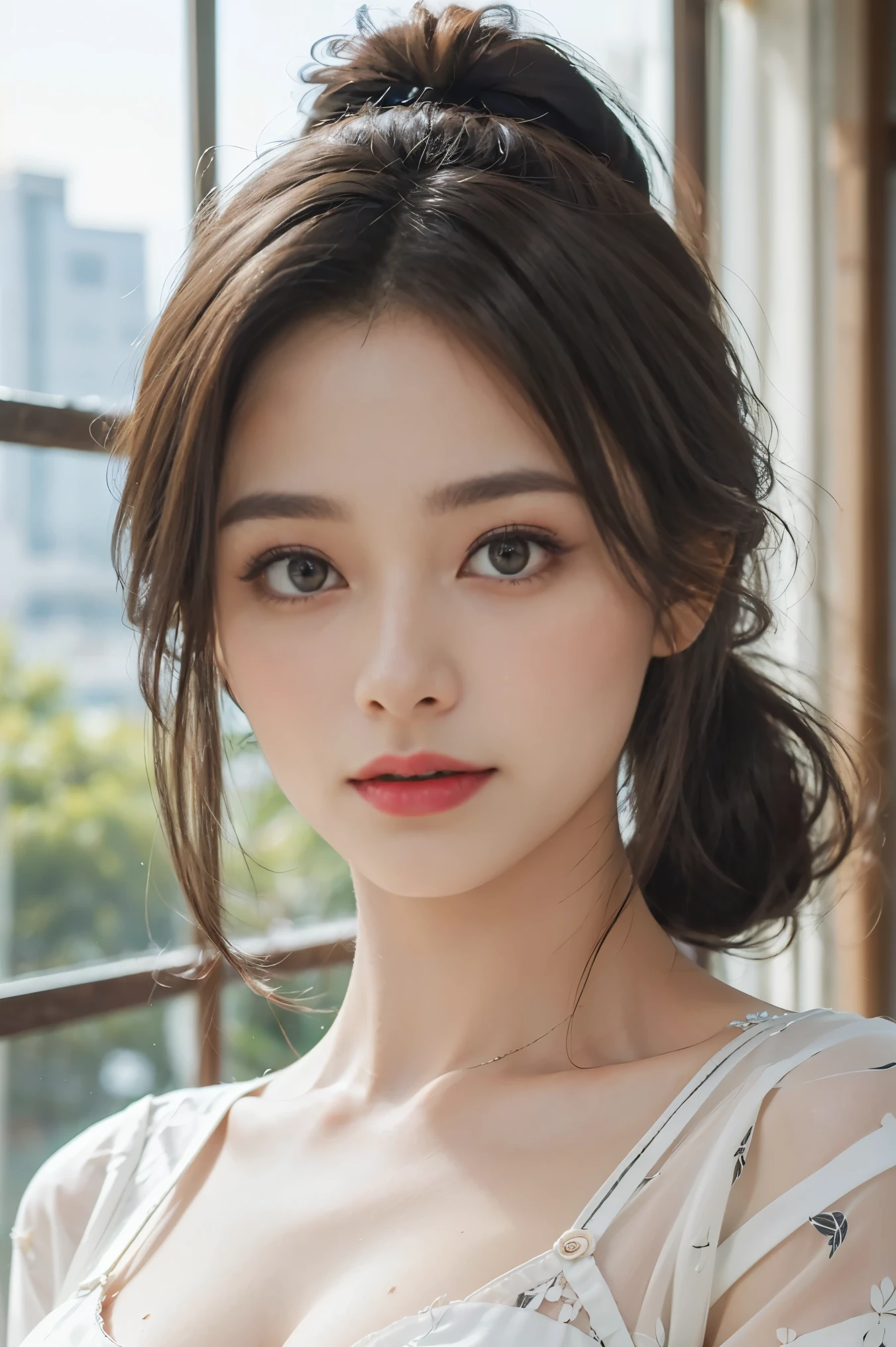 ((best quality, 8ก, Masterpiece :1.3)), 1 girl, Beautiful women emphasize a slender stomach. :1.3, (dark brown hair, Ponytail, big breasts :1.2), clean body:1.2, flower garden, Extraordinarily detailed face, Detailed eyes, Double eyelids