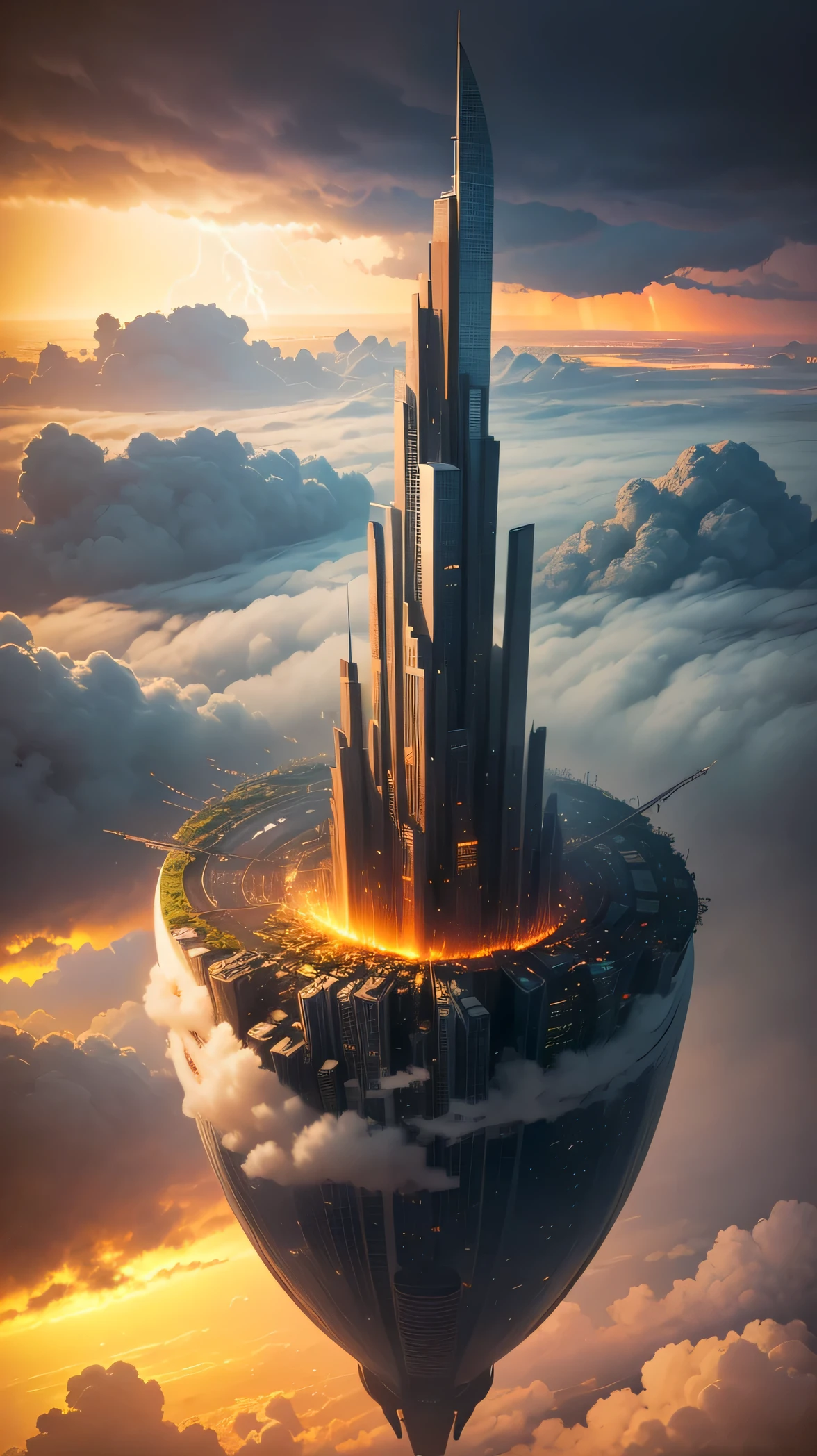 (Best quality,4K,8K,A high resolution,Masterpiece:1.2),Ultra-detailed,(Realistic,Photorealistic,photo-realistic:1.37),Futuristic floating cities ,Futuristic technology,Huge high-tech tablet platform,Airships,Floating in the sky,Futuristic city,Small airships around,High-tech hemispherical platforms, city floating on lots of clouds thunderstorm and lightning, city on top of clouds severe lightning, clouds at bottom with extreme lighting and thunderstorm, golden yellow tones , late sunset, hot weather,city floating on desert, summer and thunderstorm and dust clouds, yellow sky, yellow orange clouds, hot summer, multiple cities, birds eye view, tornado, wind whirlpool, cities floating in storm, extreme thunderstorm, dense clouds