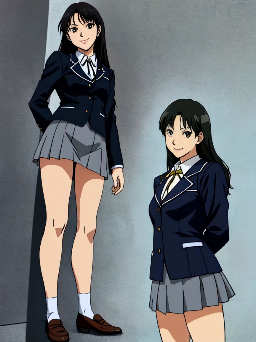 highest quality, ultra high resolution, (realistic: )2D official style cel animation,(multiple views)Amagami Tsukasa Ayatsuji,high school girl,uniform,Gray mini skirt,panties,long hair,straight hair,full body portrait,from below,In front of the station,sunny,smile,Low - Angle