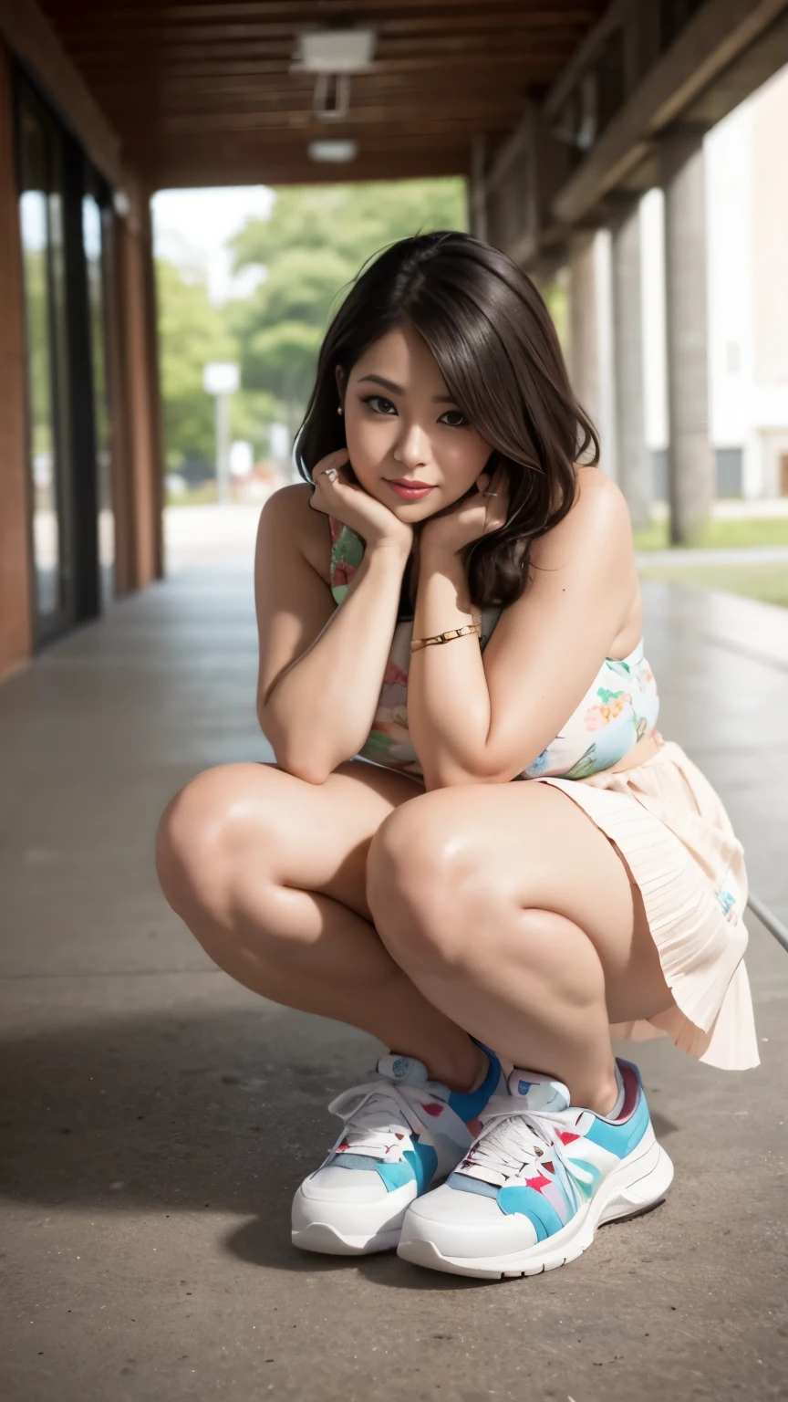 ((best quality)), ((masterpiece)), (detailed), perfect face, wanita chubby dewasa, wearing thight dress and thight skirt, chubby cheeks, chubby arm, chubby thighs, big breasts, wearing a sneakers, medium hair style, full body photoshoot, tattooed body